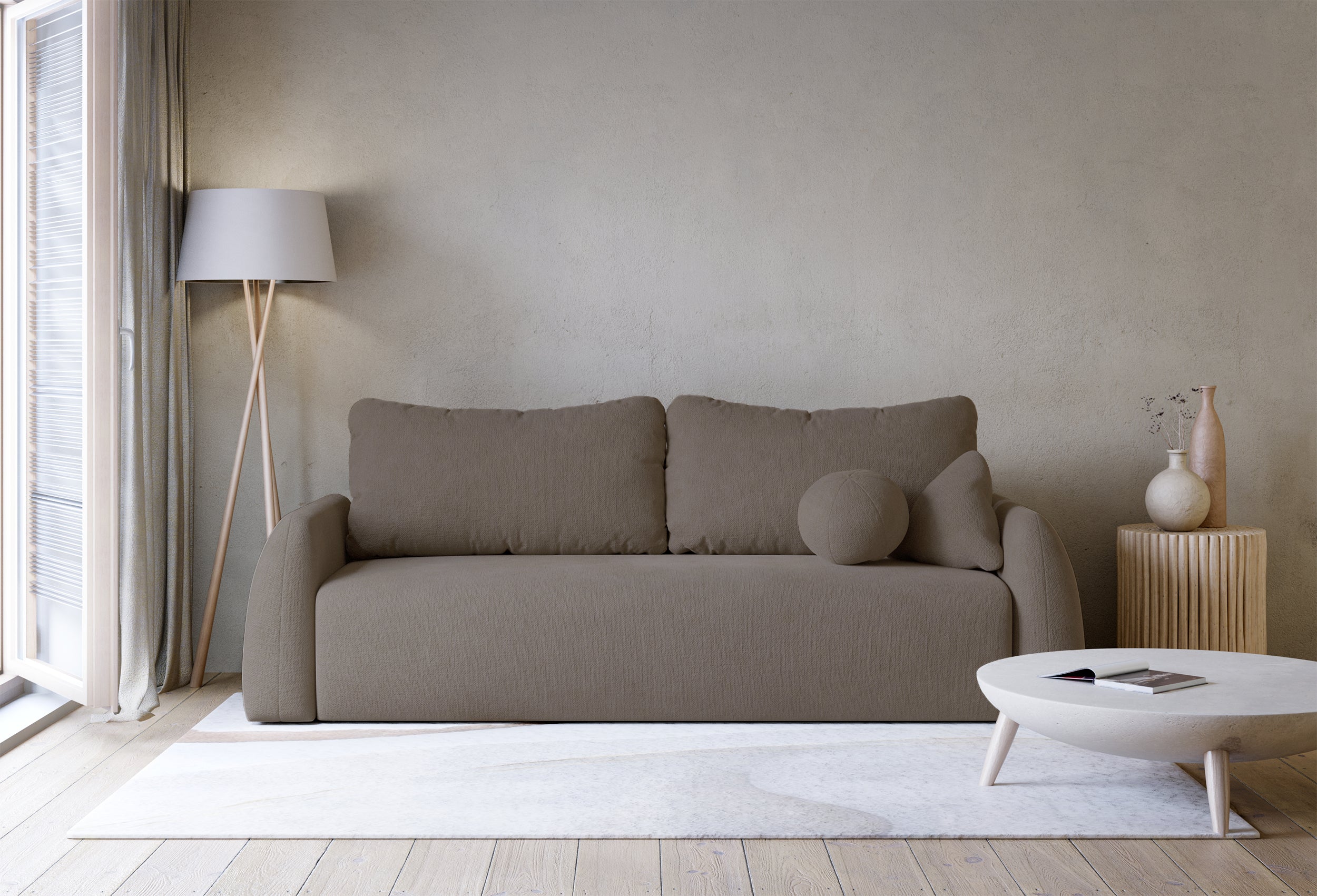 Dreisitziges ausklappbares Sofa Nubelle mit Stauraum, braunes hydrophobes Chenille