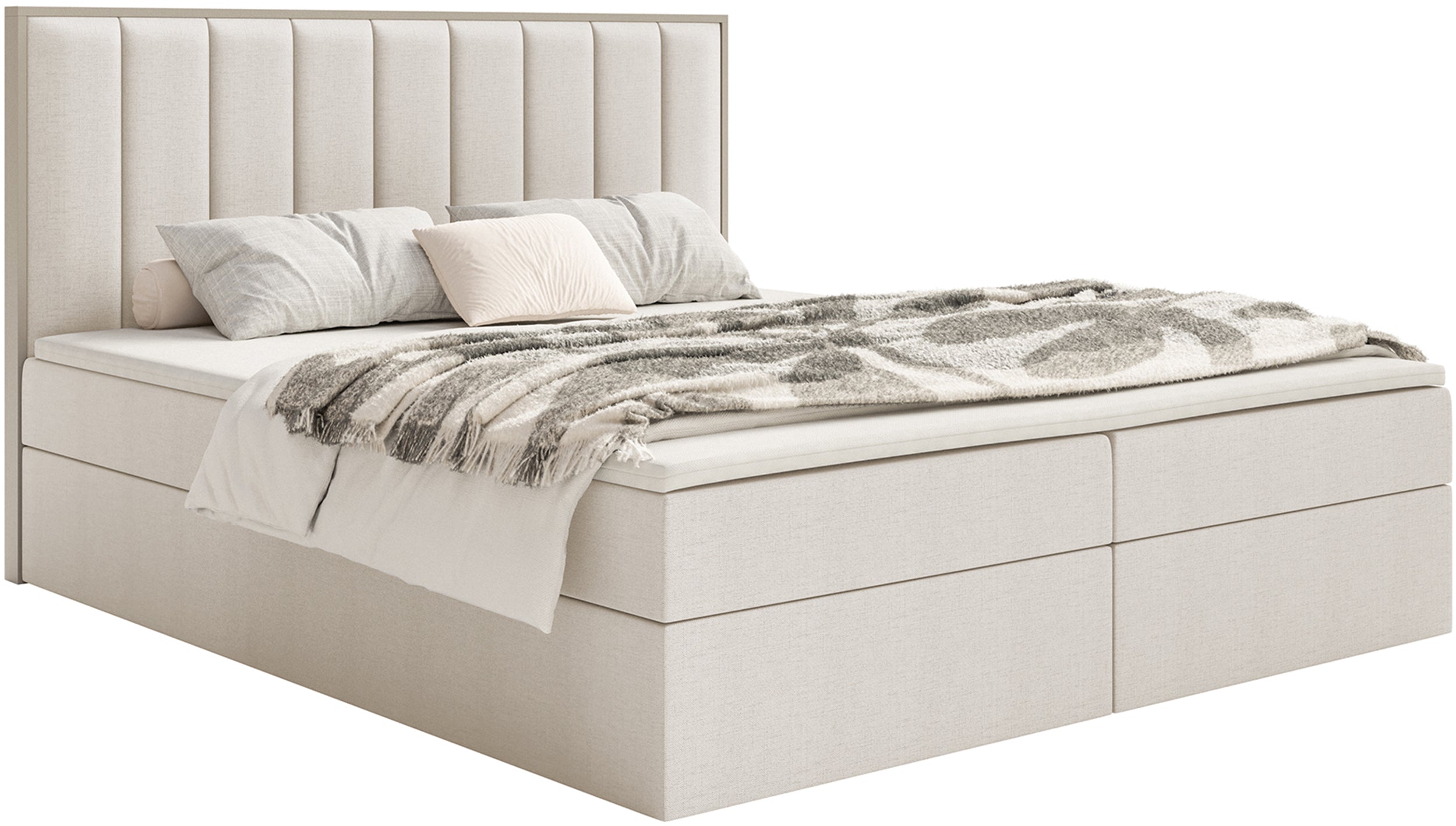 Kontinentales Bett 180x200 cm Togents mit Stauraum und Topper, hellbeiger hydrophober Chenillestoff