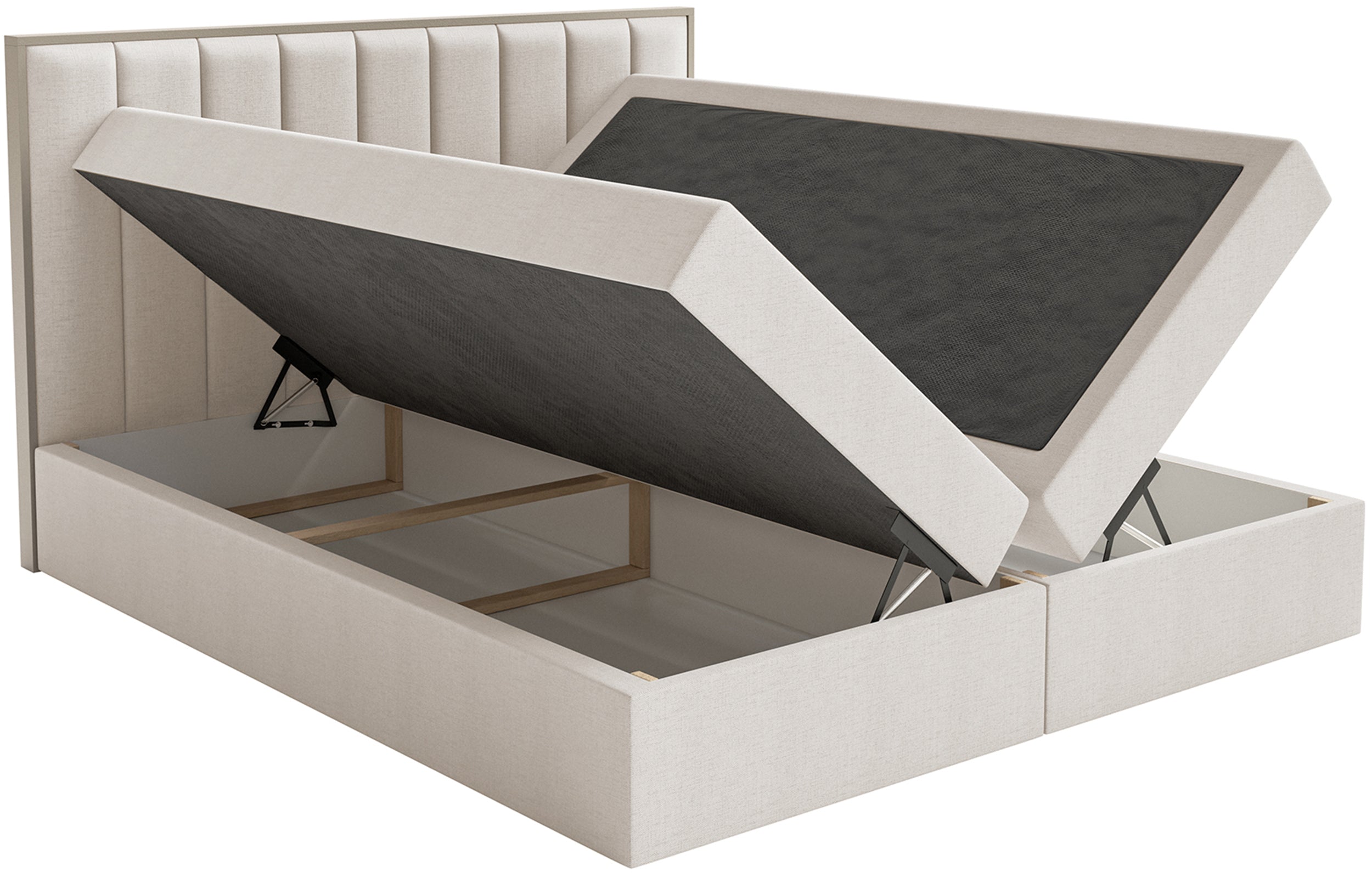 Kontinentales Bett 160x200 cm Togents mit Stauraum und Topper, hellbeige Chenille, wasserabweisend