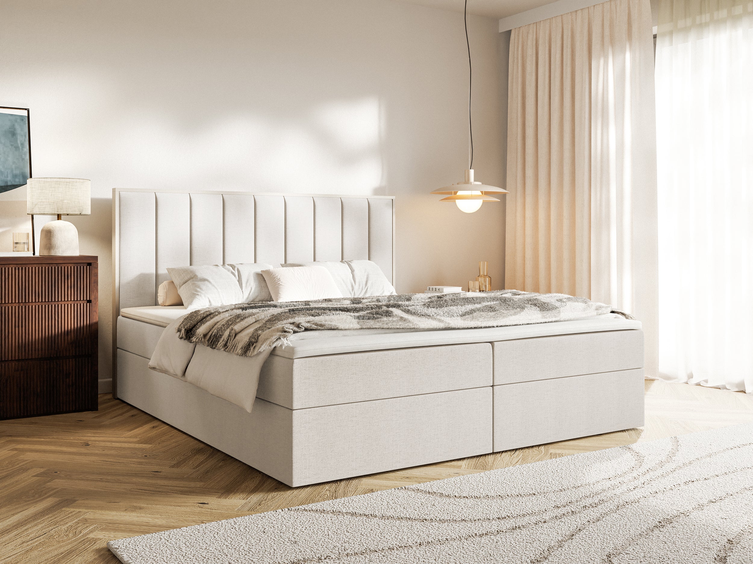 Kontinentales Bett 180x200 cm Togents mit Stauraum und Topper, hellbeiger hydrophober Chenillestoff