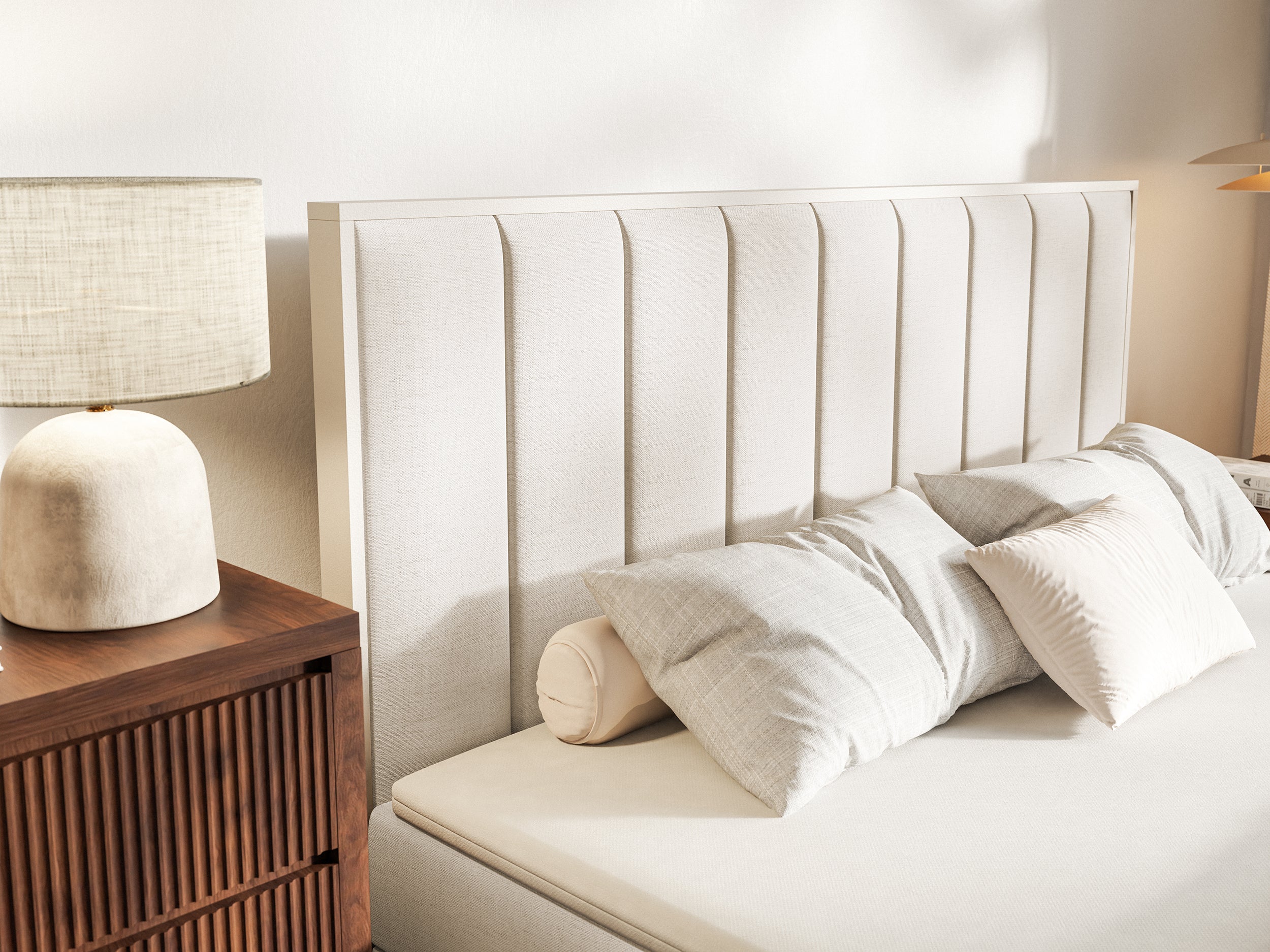 Kontinentales Bett 160x200 cm Togents mit Stauraum und Topper, hellbeige Chenille, wasserabweisend