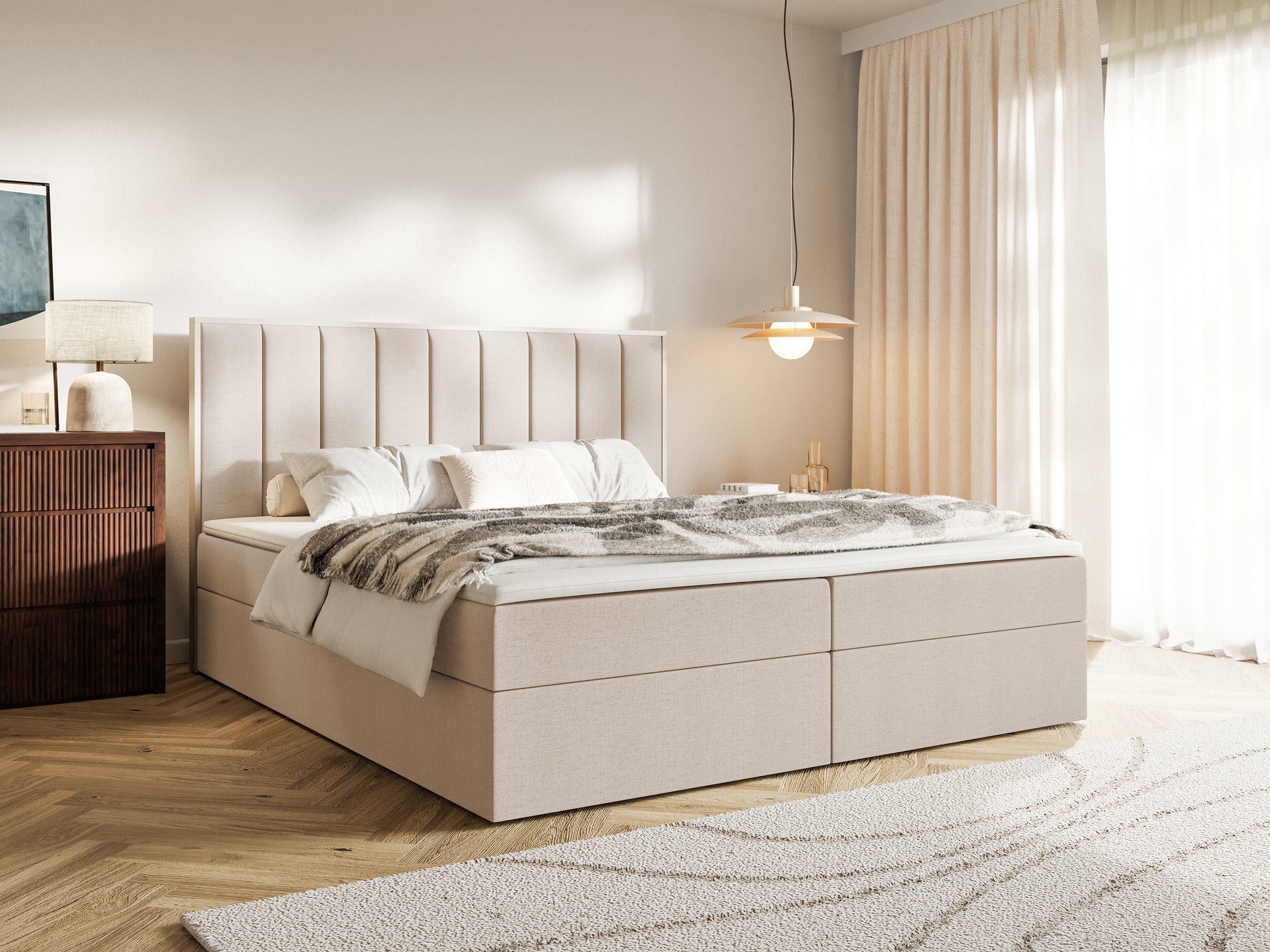 Kontinentales Bett 160x200 cm Togents mit Stauraum und Topper, beige Chenille, wasserabweisend