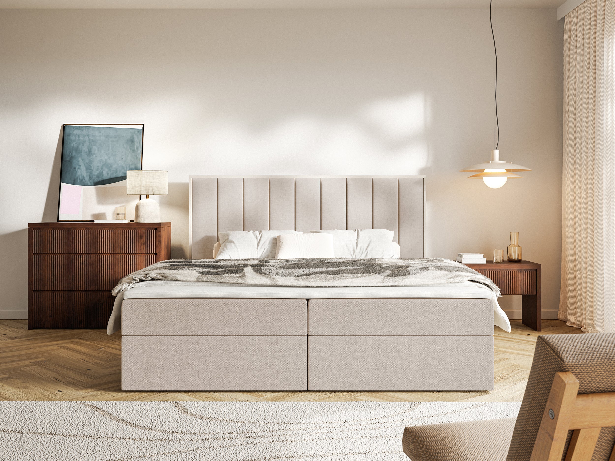 Kontinentales Bett 160x200 cm Togents mit Stauraum und Topper, beige Chenille, wasserabweisend