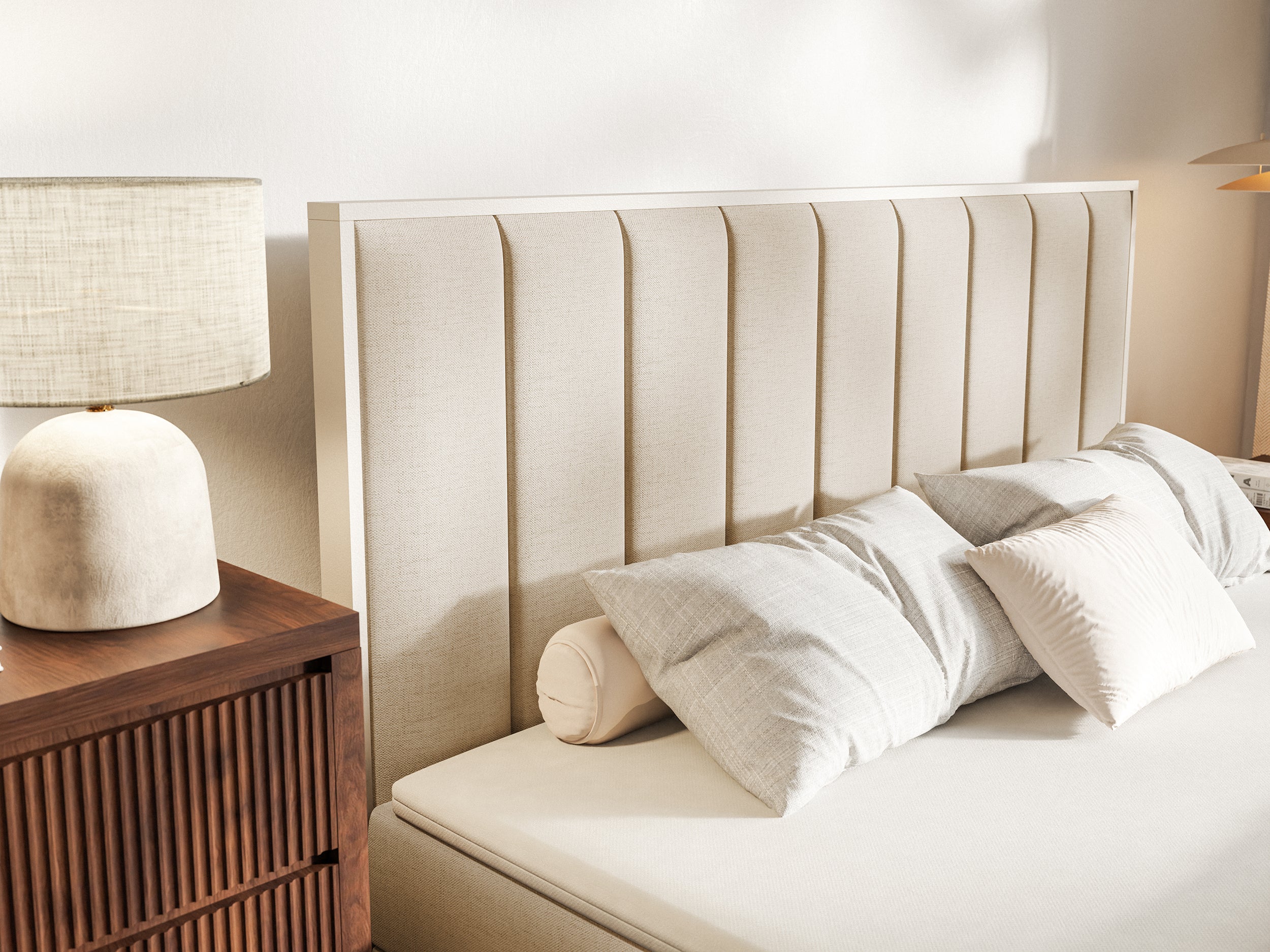 Kontinentales Bett 160x200 cm Togents mit Stauraum und Topper, beige Chenille, wasserabweisend