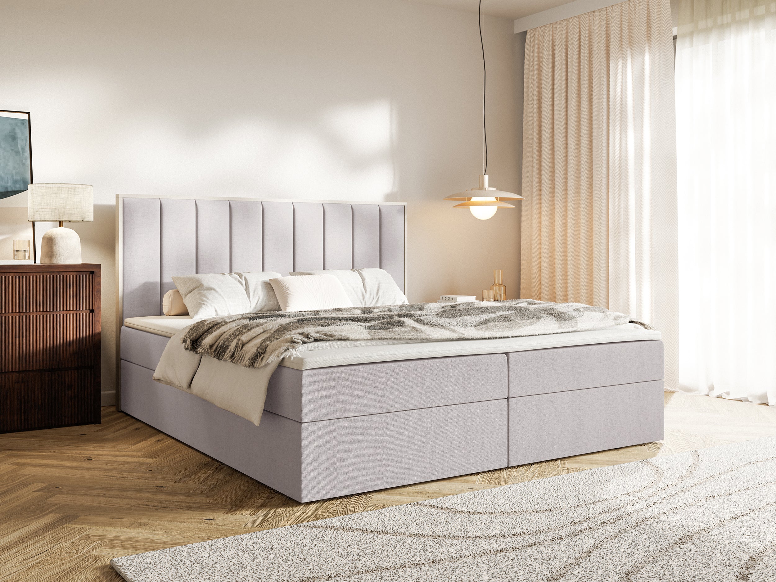 Kontinentalbett 160x200 cm Togents mit Stauraum und Topper, grauer hydrophober Chenillestoff