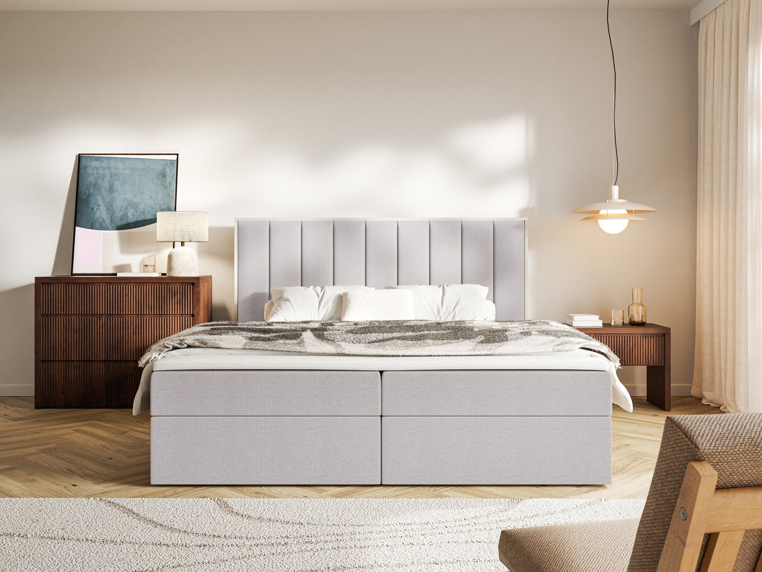 Kontinentalbett 160x200 cm Togents mit Stauraum und Topper, grauer hydrophober Chenillestoff