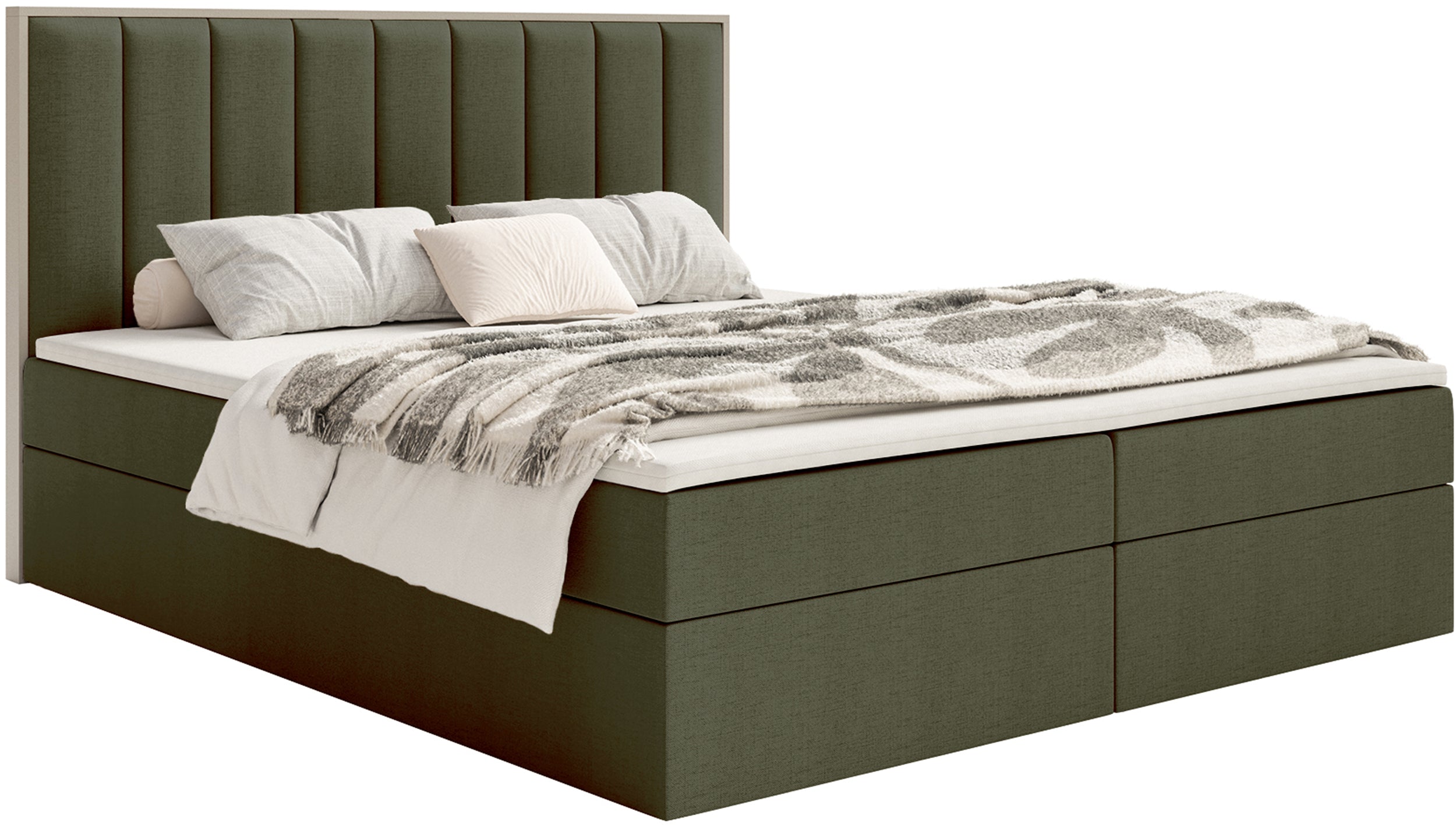 Kontinentales Bett 160x200 cm Togents mit Stauraum und Topper, dunkelgrüner hydrophober Chenillebezug