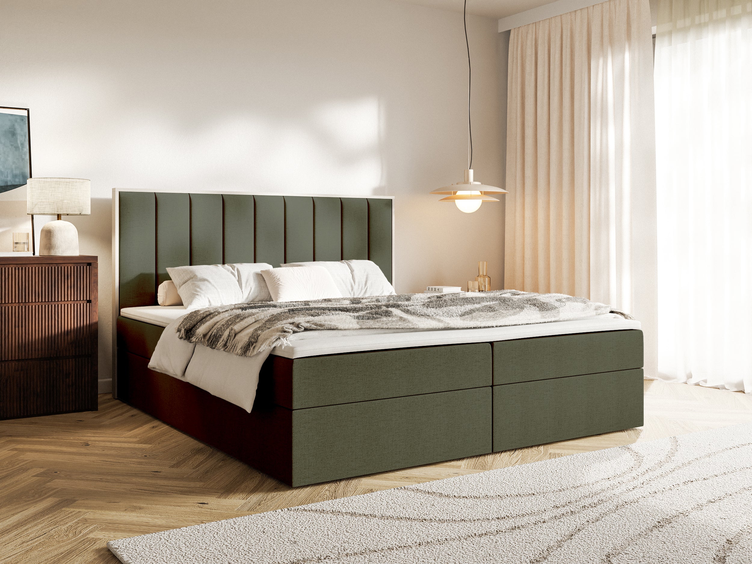 Kontinentales Bett 160x200 cm Togents mit Stauraum und Topper, dunkelgrüner hydrophober Chenillebezug