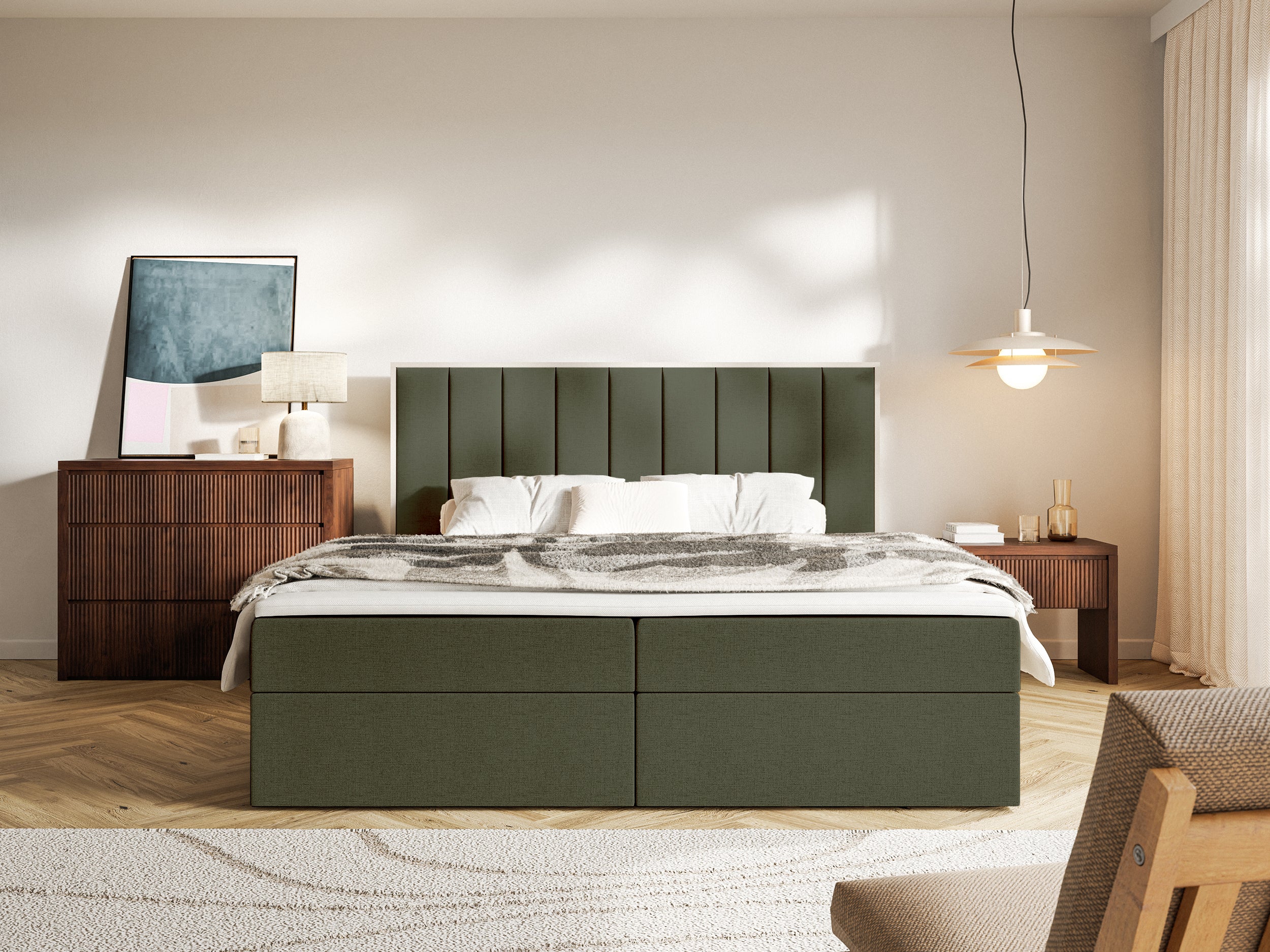 Kontinentales Bett 160x200 cm Togents mit Stauraum und Topper, dunkelgrüner hydrophober Chenillebezug
