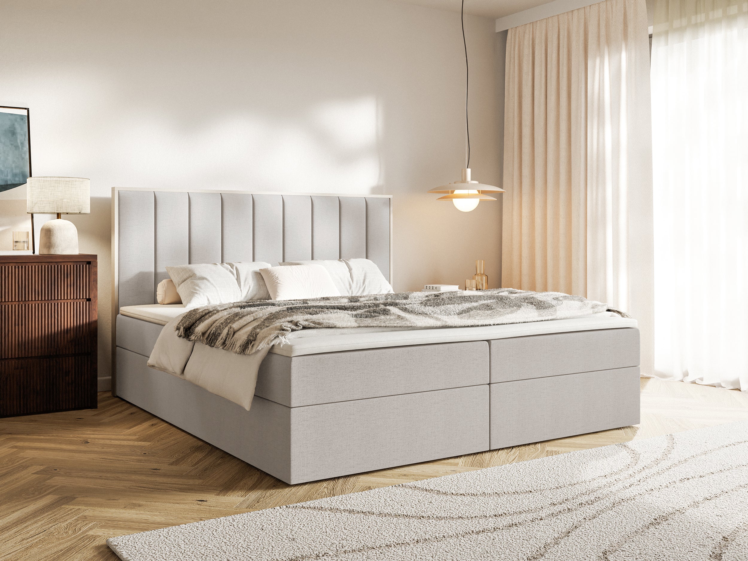Kontinentalbett 160x200 cm Togents mit Stauraum und Topper, grau-beige Chenille, hydrophob