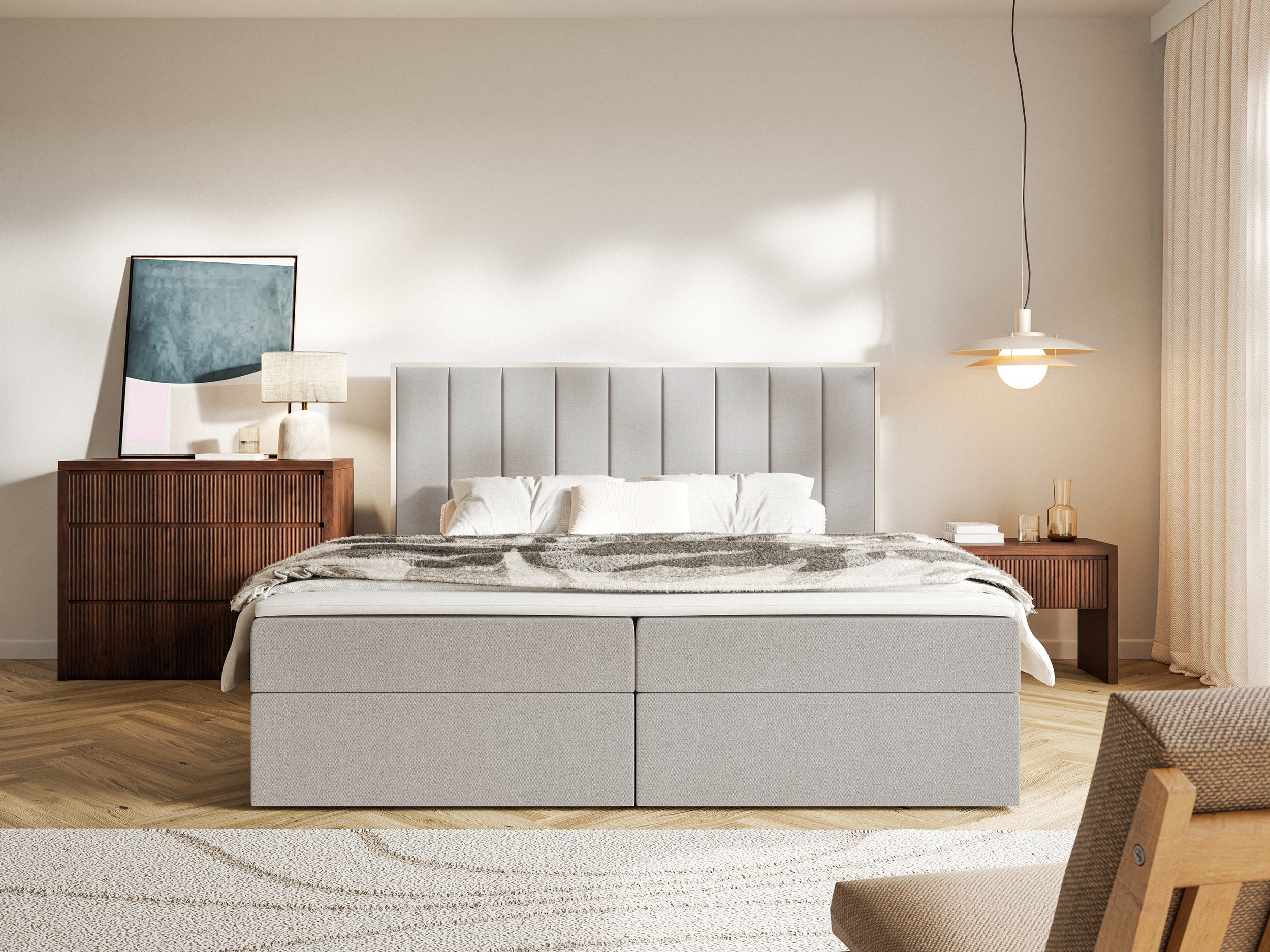 Kontinentalbett 160x200 cm Togents mit Stauraum und Topper, grau-beige Chenille, hydrophob
