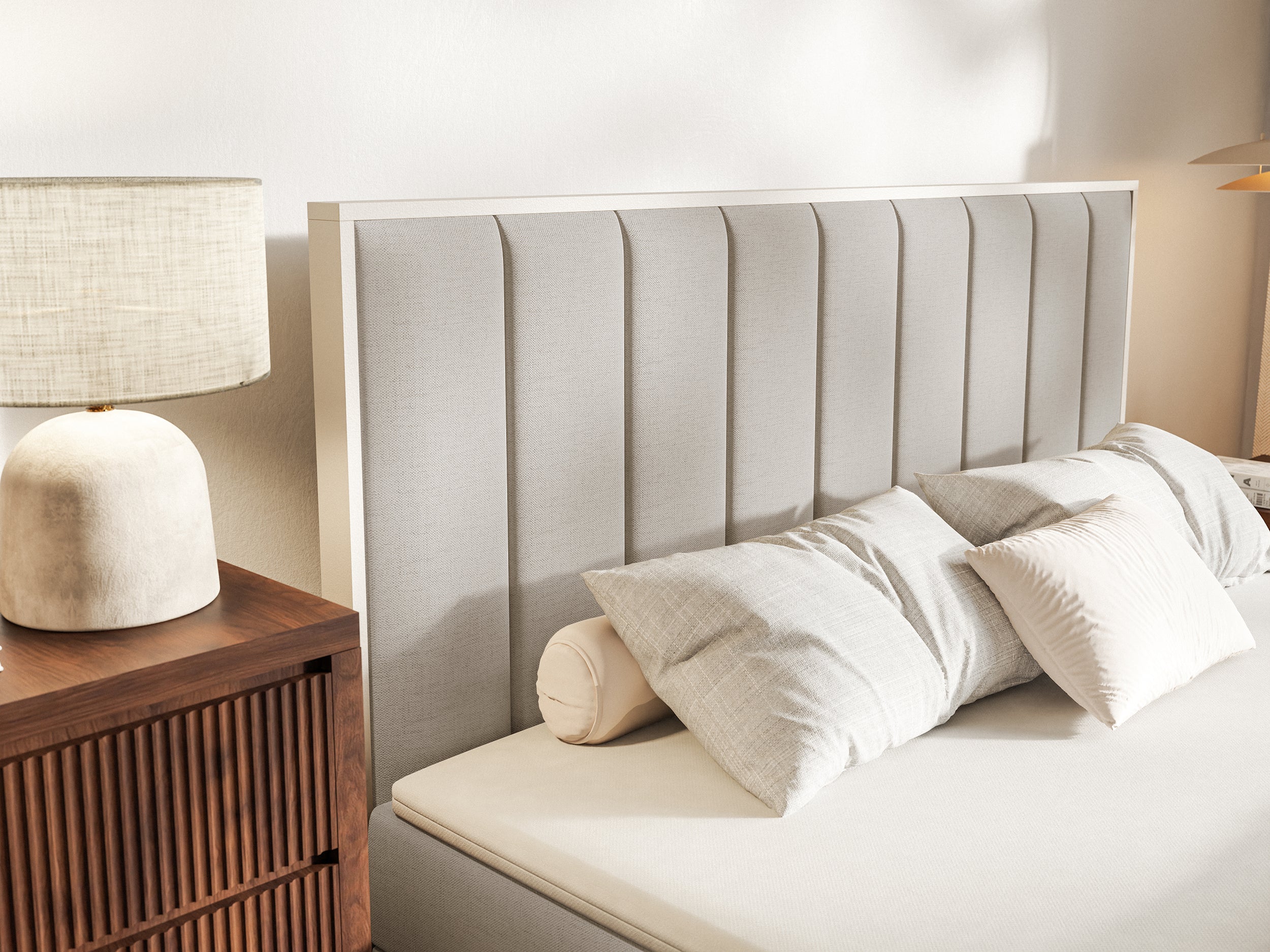 Kontinentalbett 160x200 cm Togents mit Stauraum und Topper, grau-beige Chenille, hydrophob