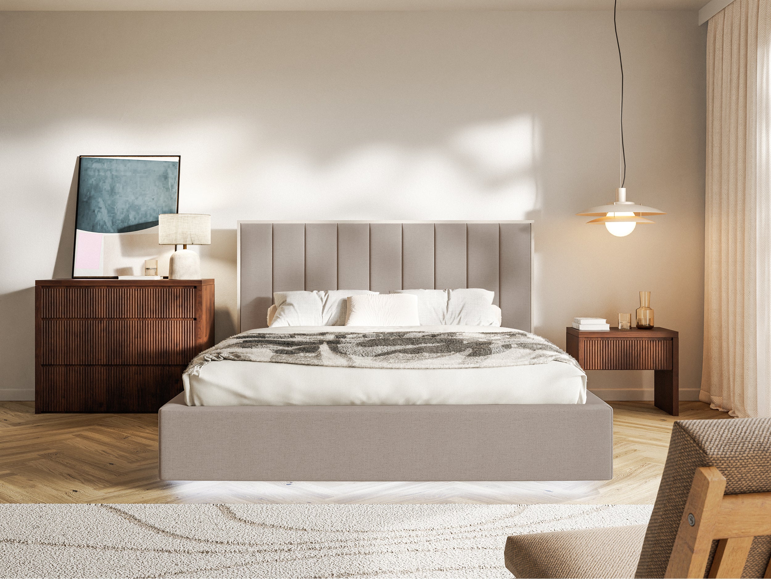 Polsterbett 180x200 cm Togents mit LED-Beleuchtung, brauner hydrophober Chenille-Stoff