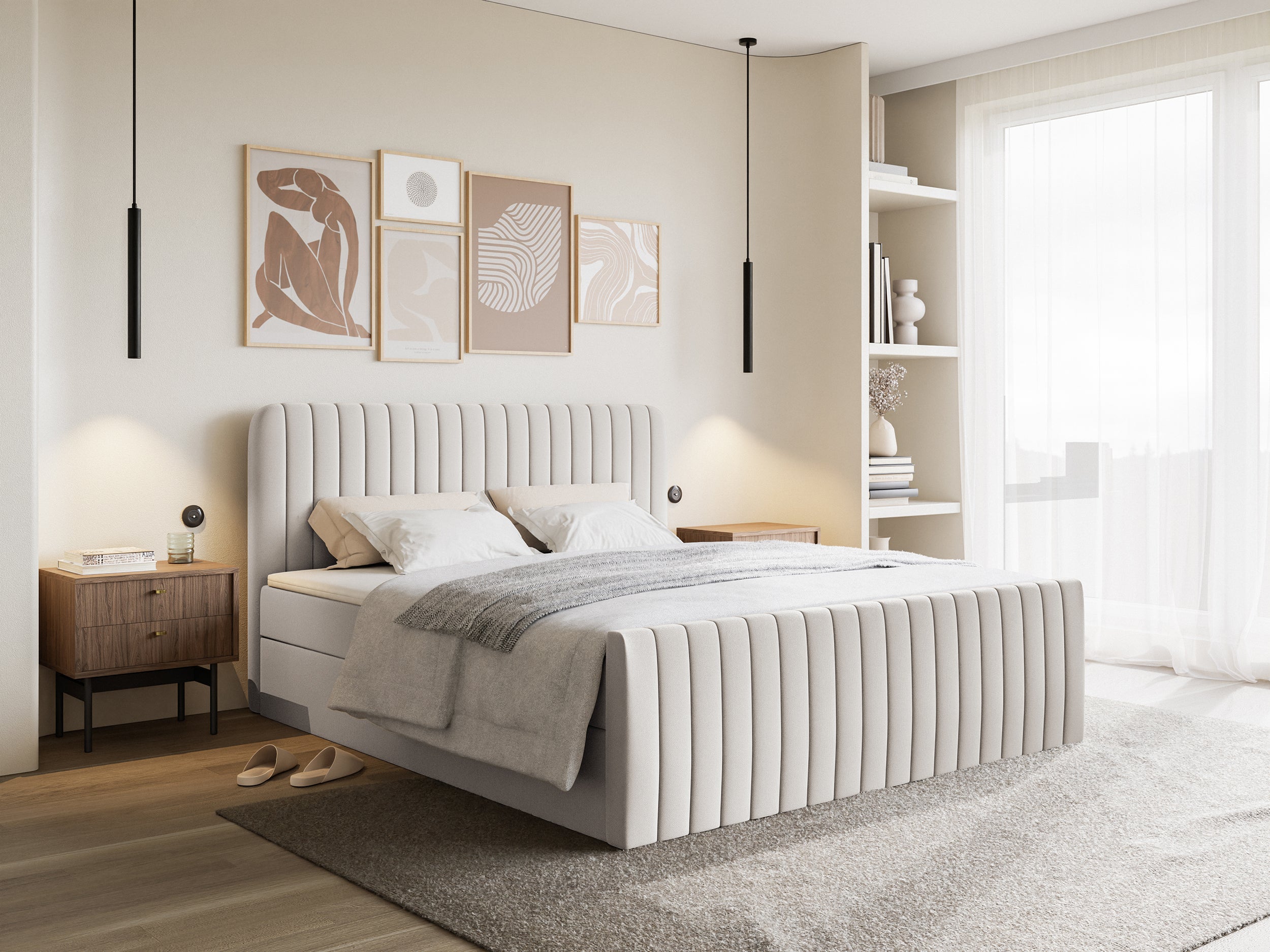 Kontinentales Bett 180x200 cm Saliano mit Stauraum und Topper, hellbeiger hydrophober Chenillebezug
