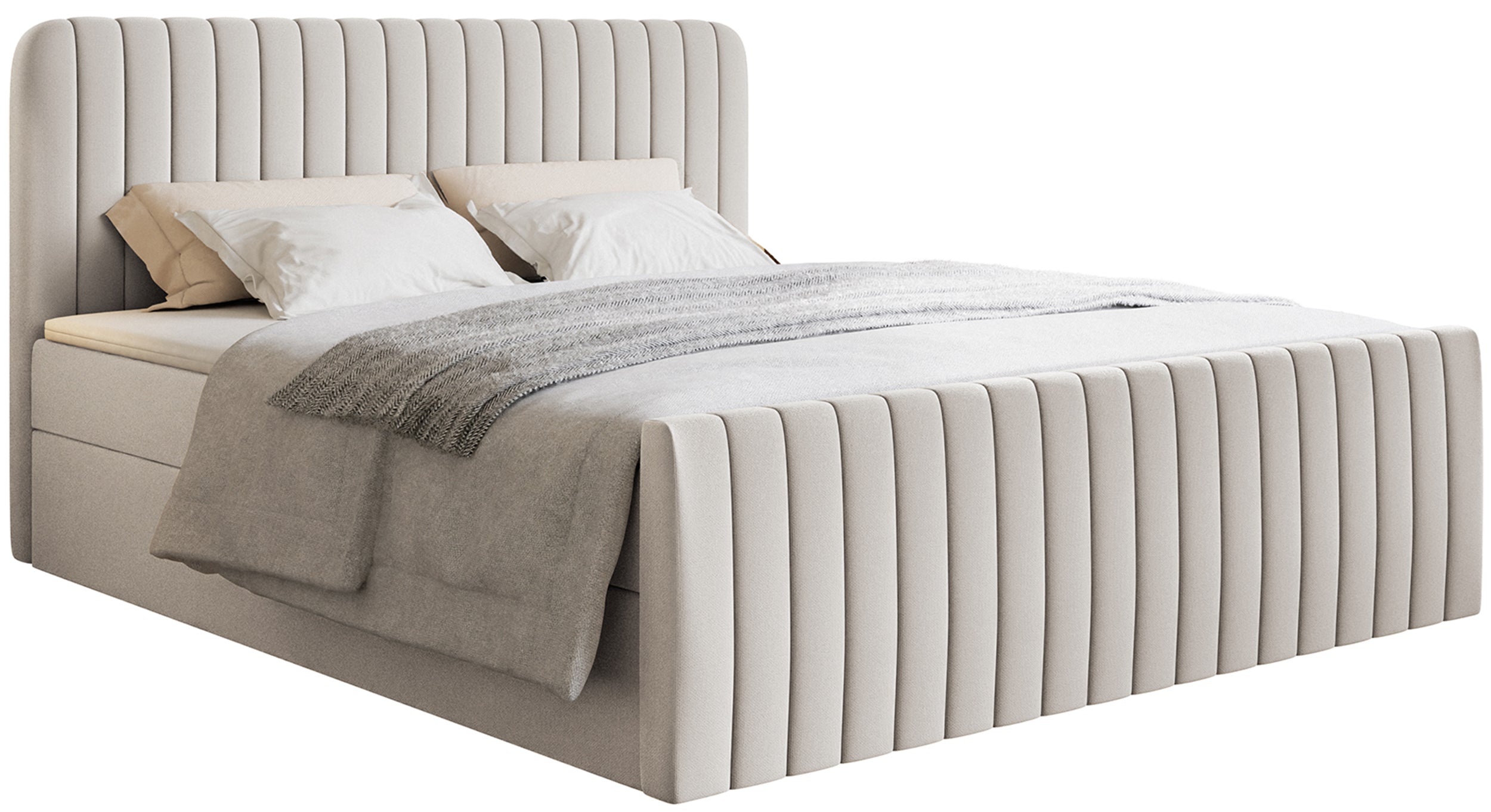 Kontinentales Bett 180x200 cm Saliano mit Stauraum und Topper, hellbeiger hydrophober Chenillebezug