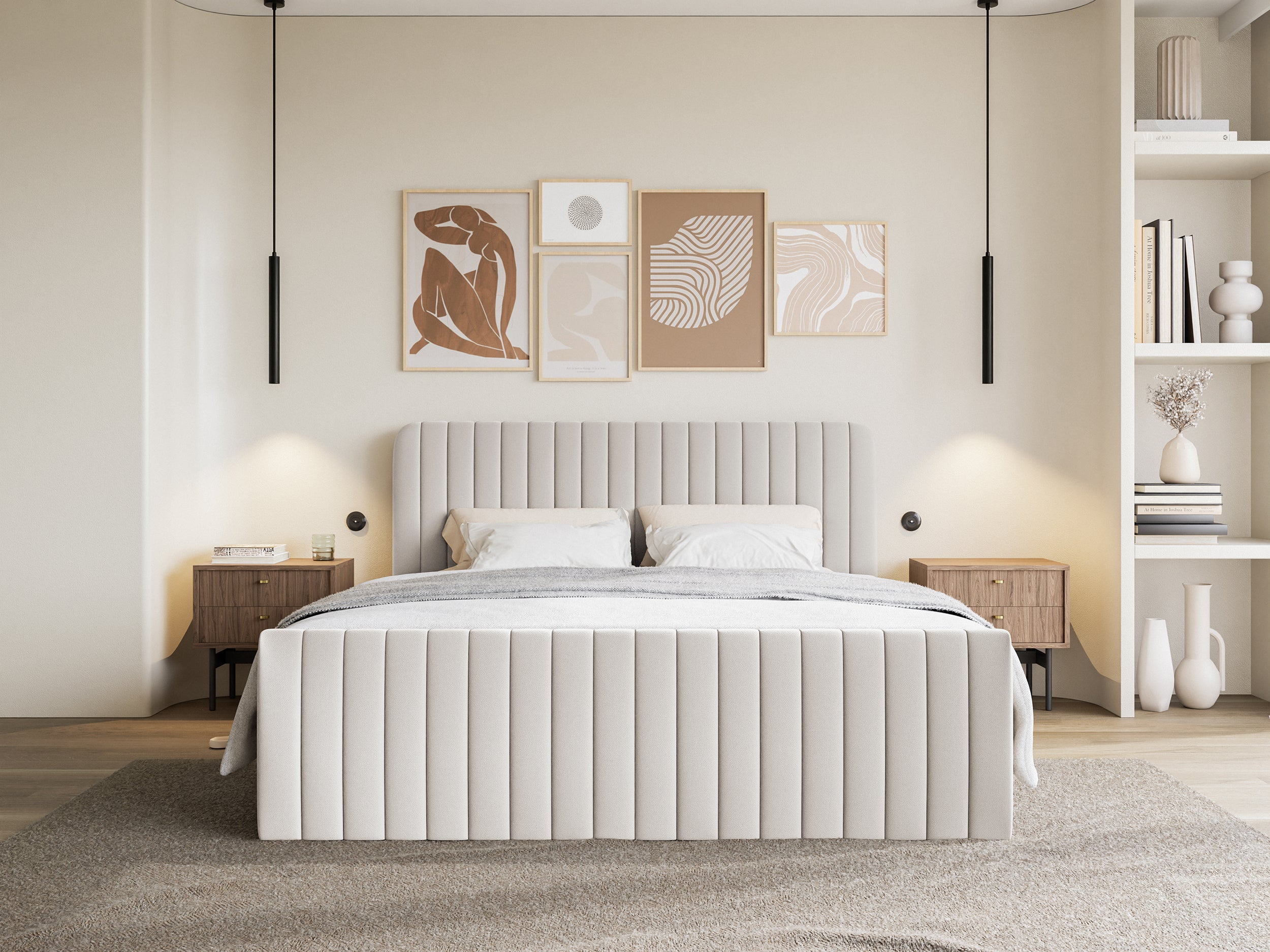 Kontinentales Bett 180x200 cm Saliano mit Stauraum und Topper, hellbeiger hydrophober Chenillebezug