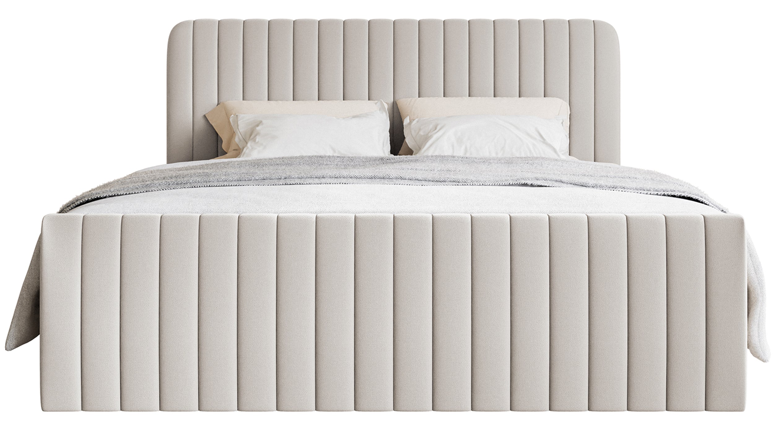 Kontinentales Bett 180x200 cm Saliano mit Stauraum und Topper, hellbeiger hydrophober Chenillebezug