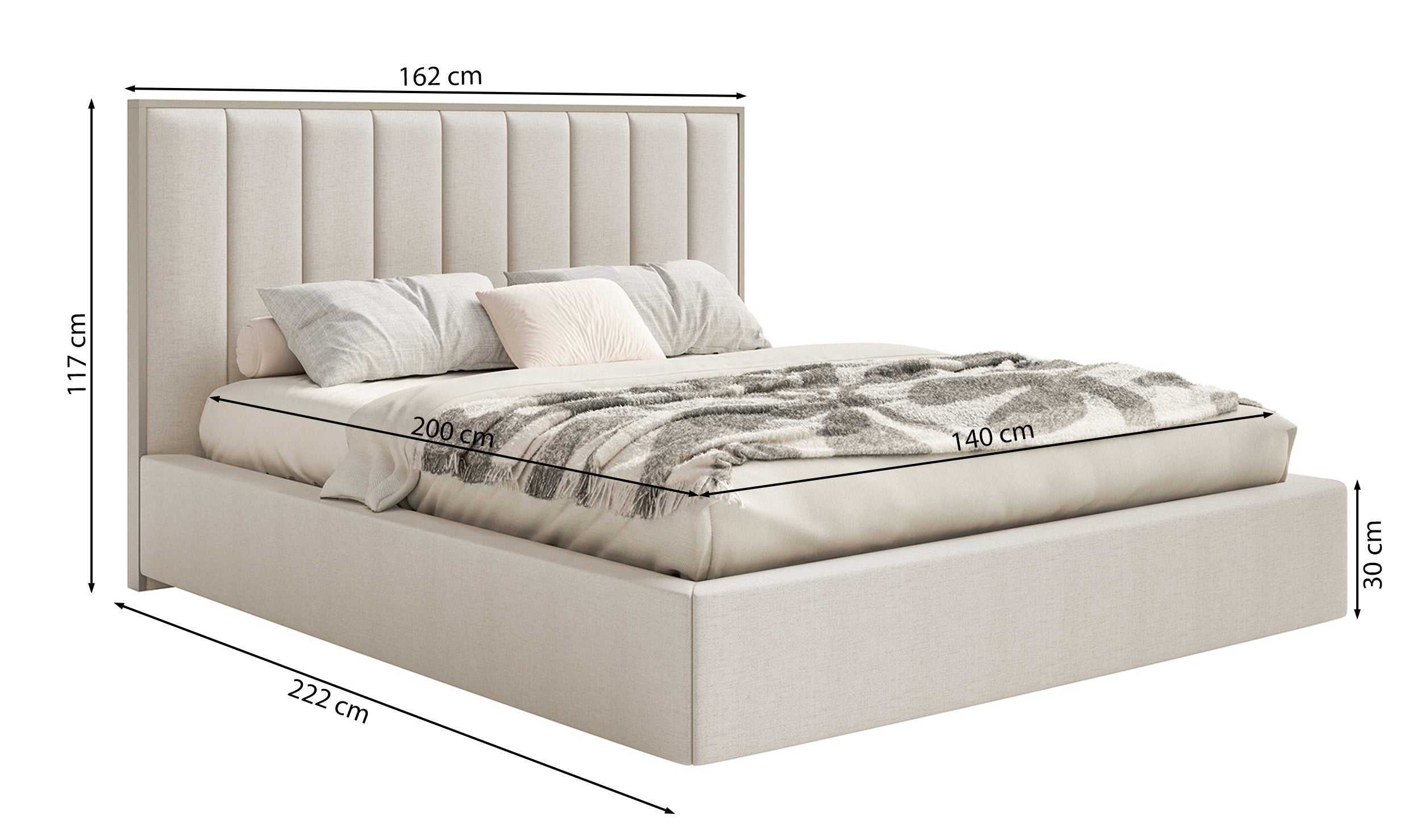 Gepolstertes Bett 140x200 cm Togents mit LED-Beleuchtung, grau-beiges hydrophobes Chenille