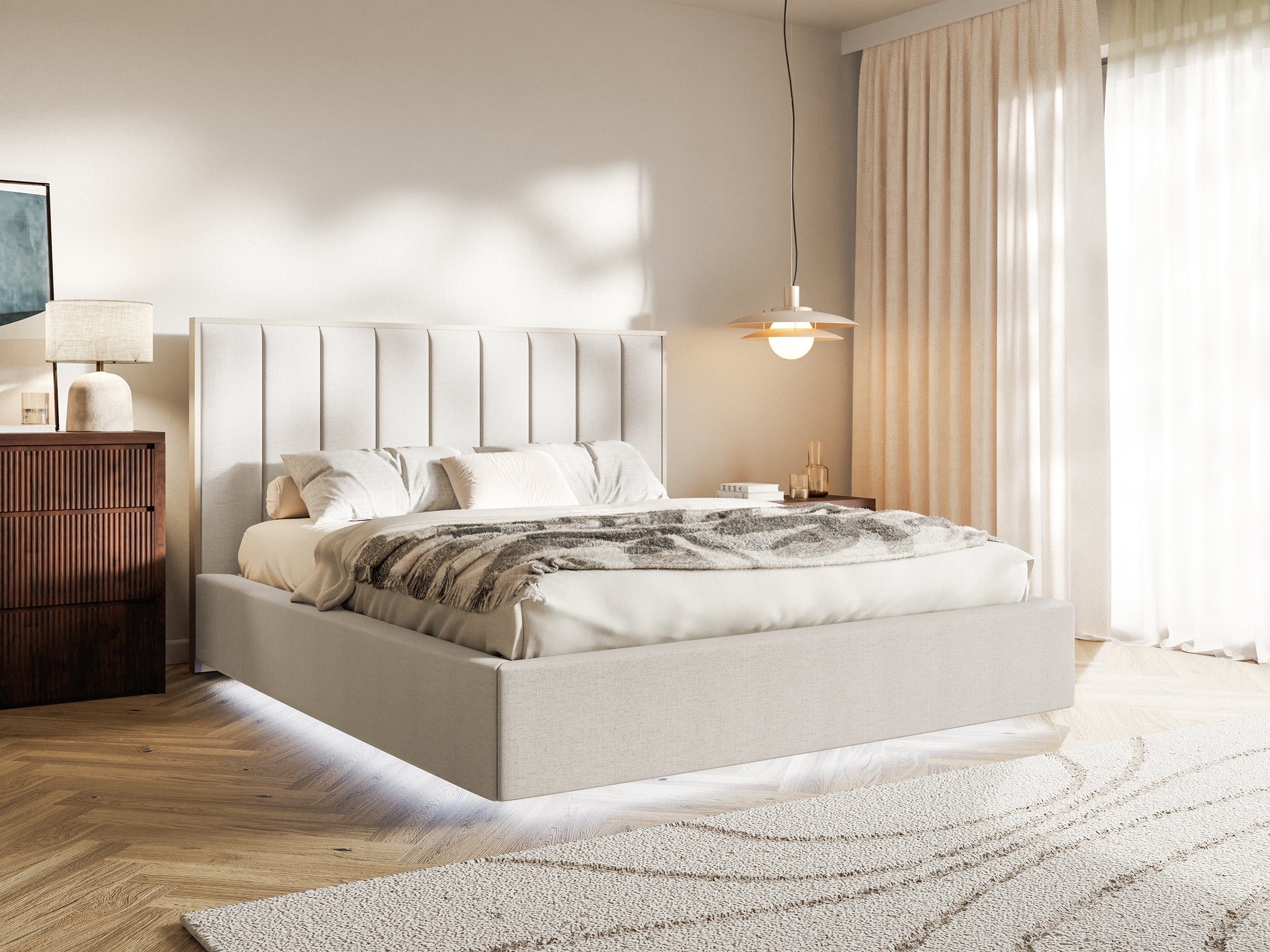 Polsterbett 140x200 cm Togents mit LED-Beleuchtung, hellbeige, hydrophobes Chenille