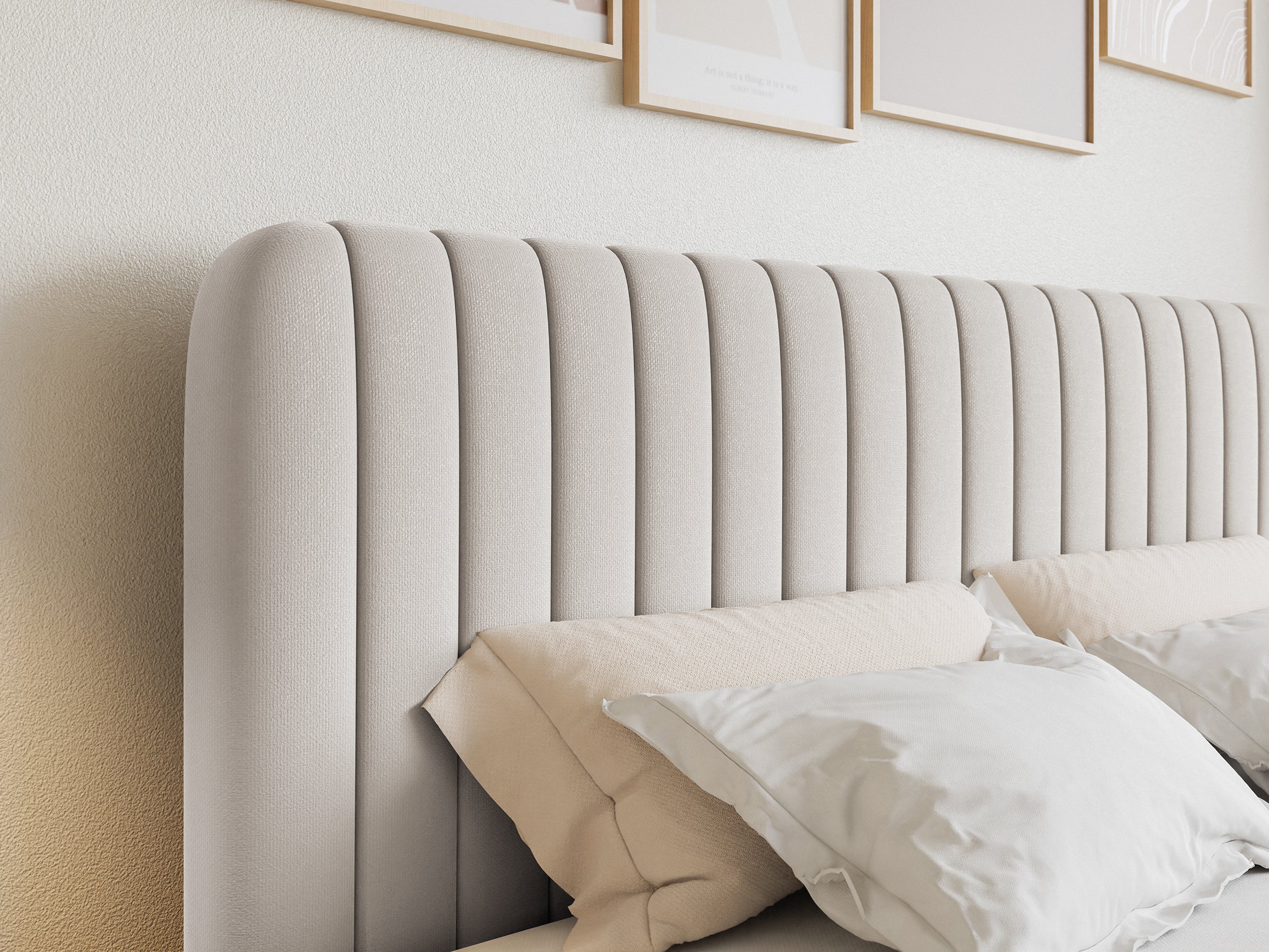 Kontinentales Bett 180x200 cm Saliano mit Stauraum und Topper, hellbeiger hydrophober Chenillebezug