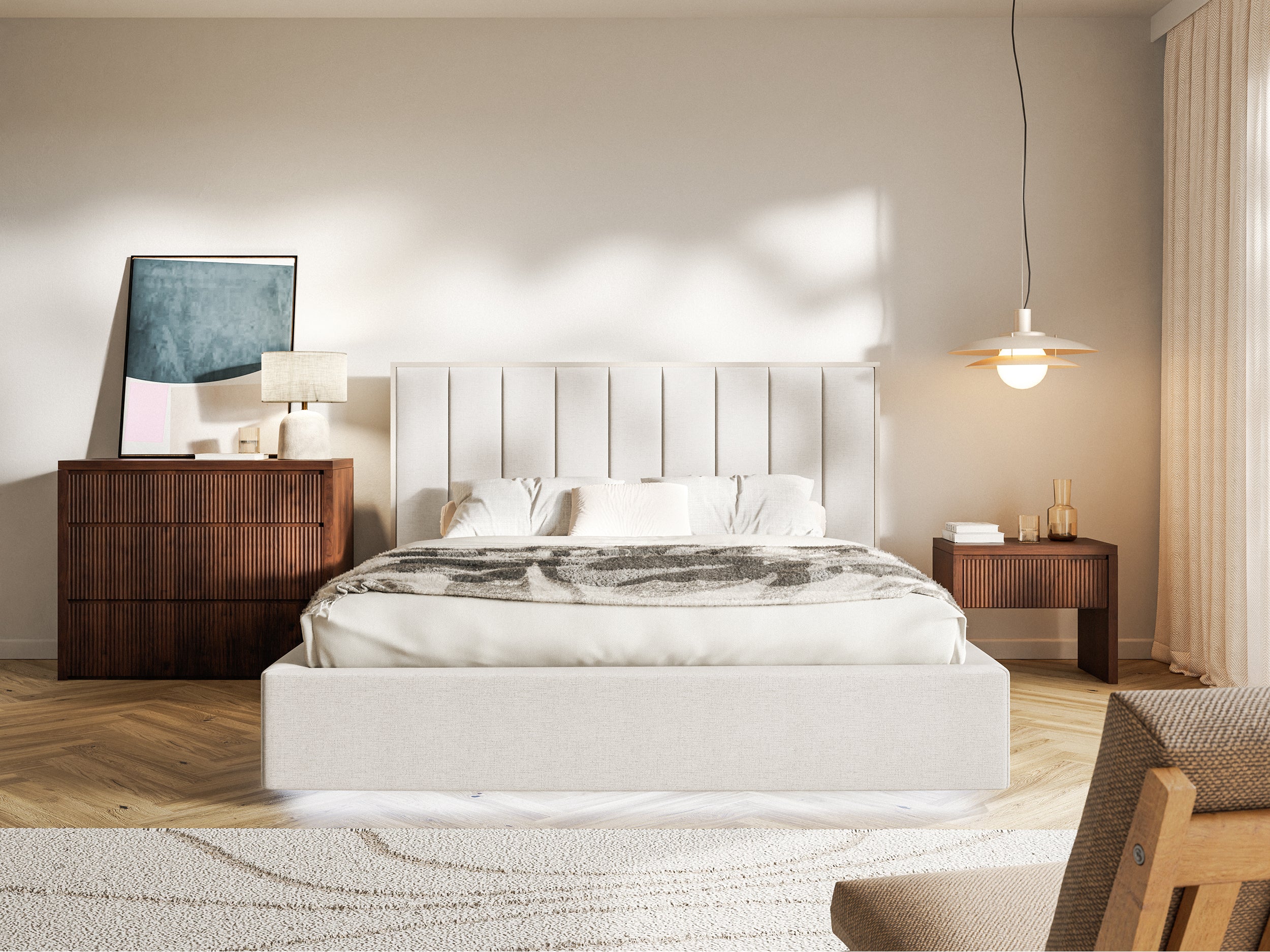 Polsterbett 160x200 cm Togents mit LED-Beleuchtung, hellbeige, hydrophober Chenillestoff
