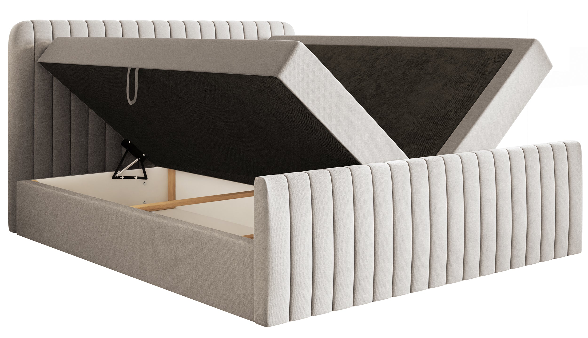 Kontinentales Bett 180x200 cm Saliano mit Stauraum und Topper, hellbeiger hydrophober Chenillebezug