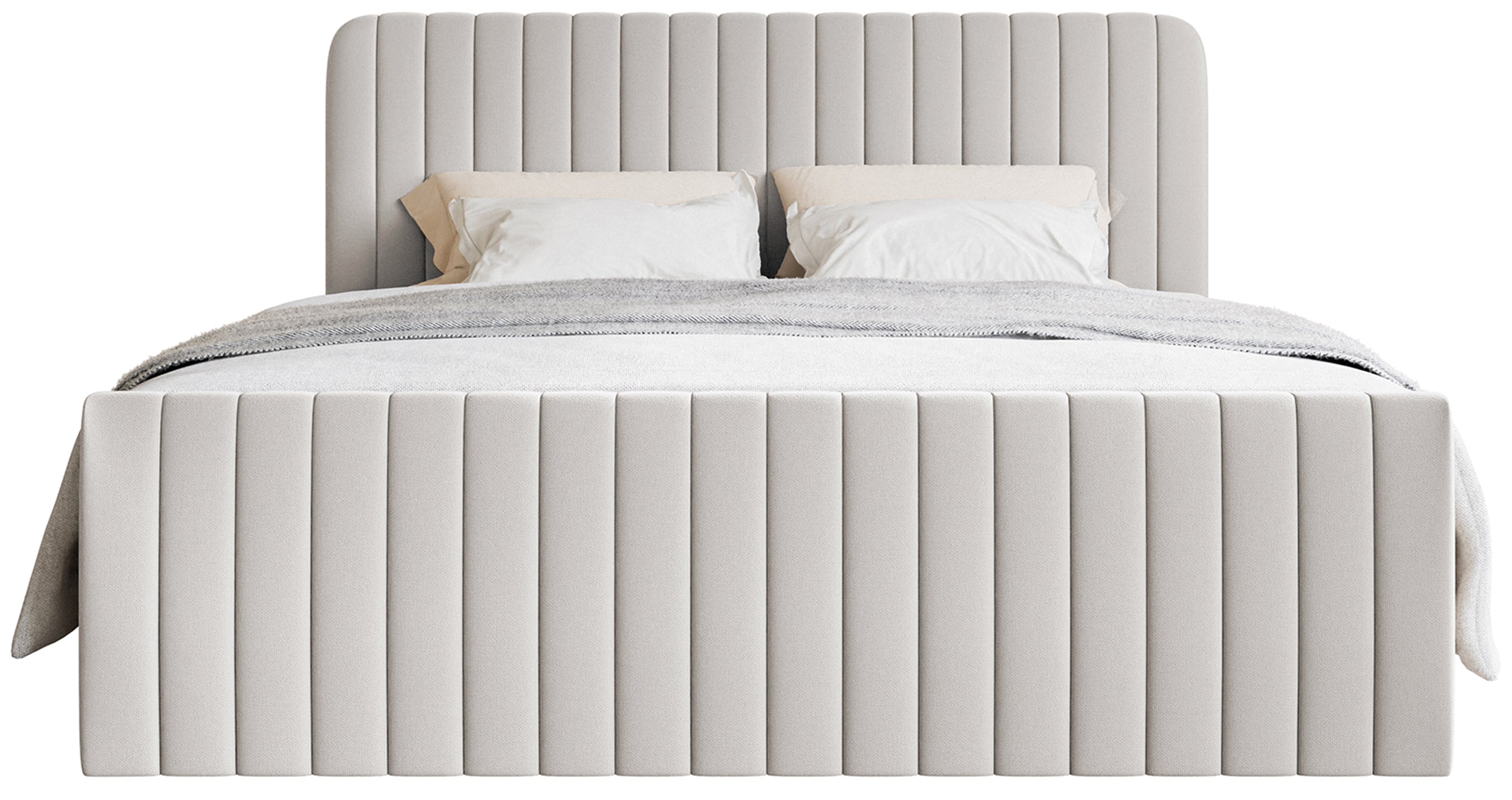 Kontinentales Bett 200x200 cm Saliano mit Stauraum und Topper, hellgrauer hydrophober Chenillebezug