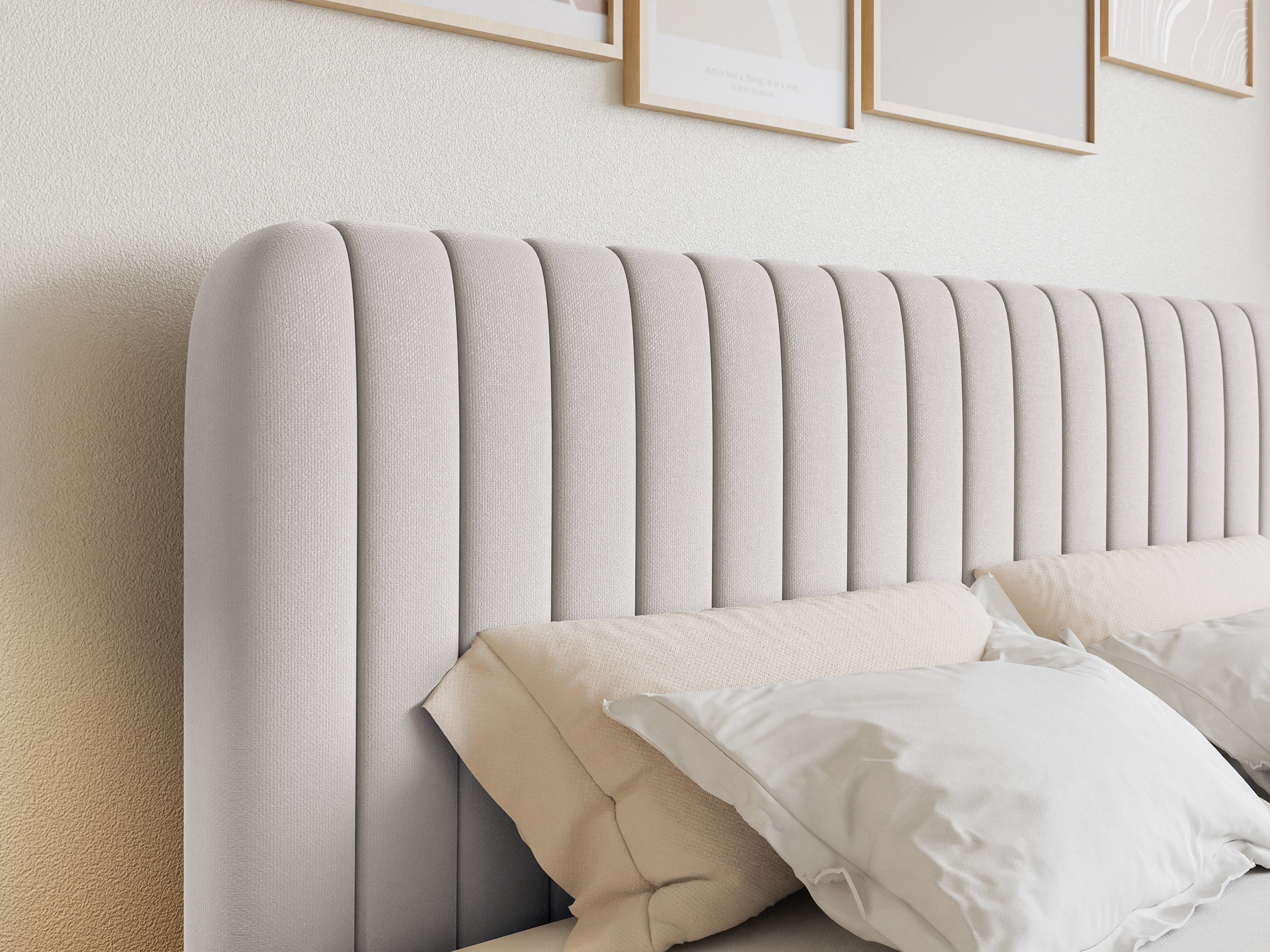 Kontinentales Bett 200x200 cm Saliano mit Stauraum und Topper, hellgrauer hydrophober Chenillebezug