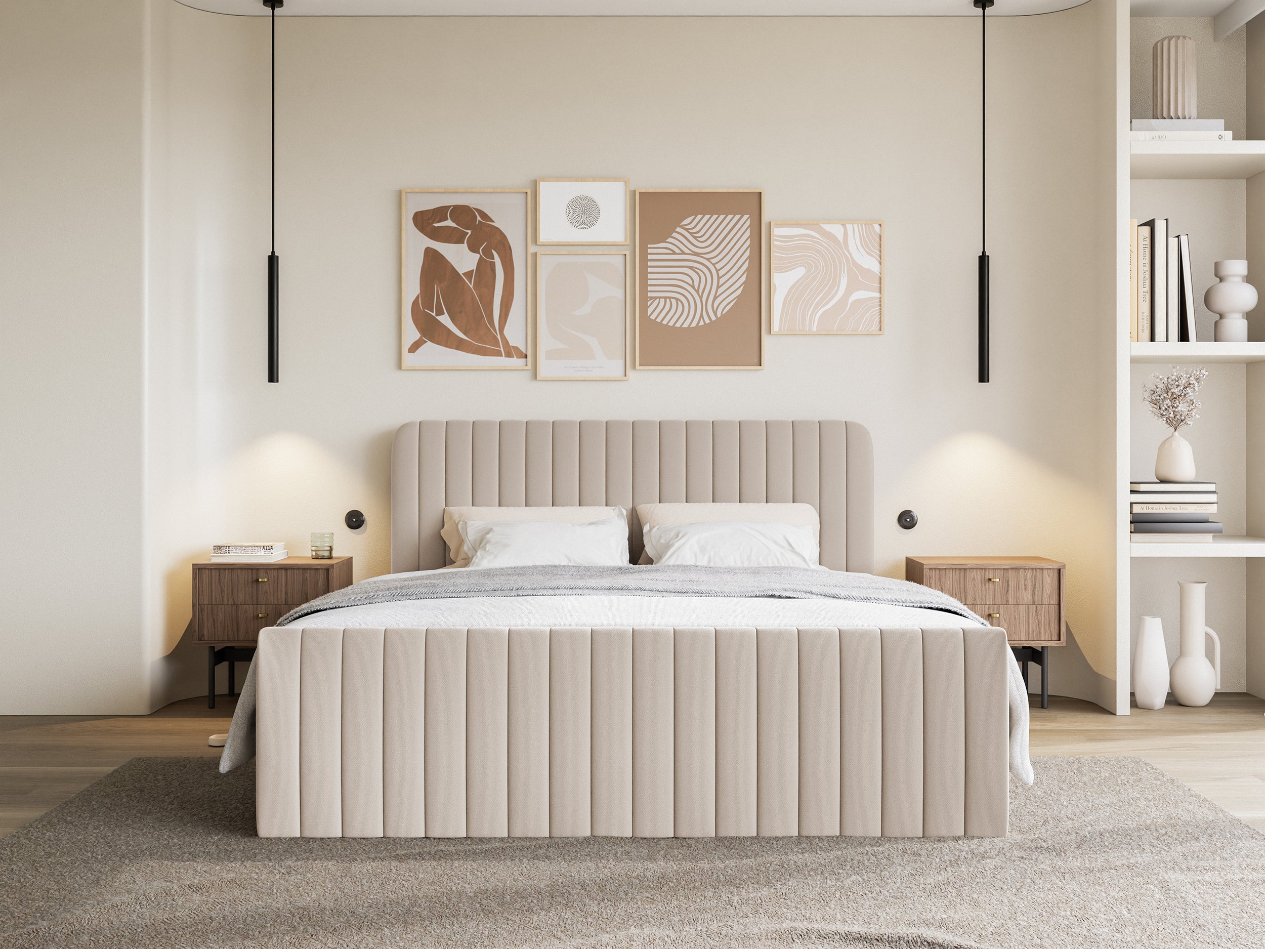 Kontinentales Bett 200x200 cm Saliano mit Stauraum und Topper, beige Chenille, wasserabweisend