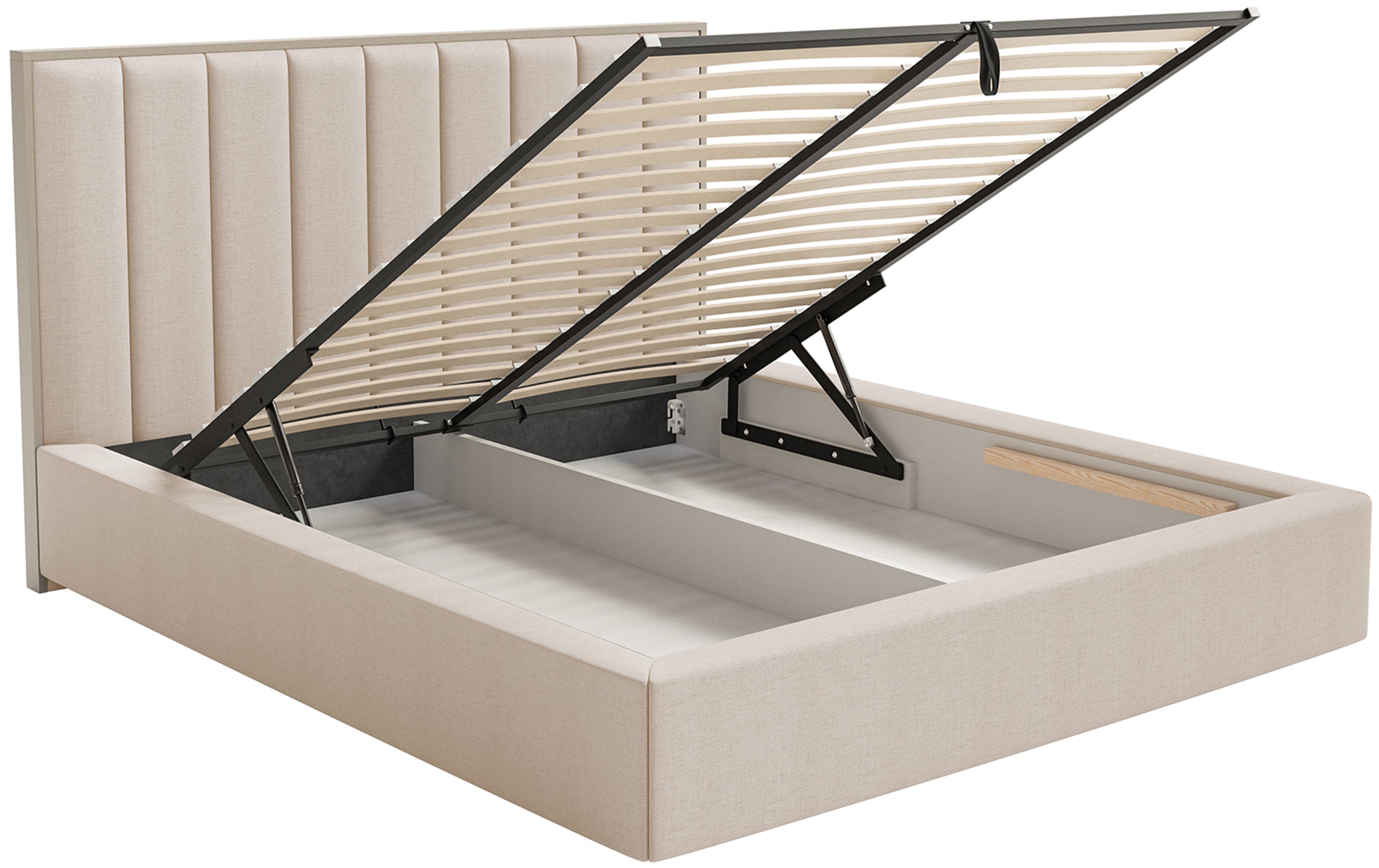 Polsterbett 180x200 cm Togents mit Stauraum und LED-Beleuchtung, Metallrahmen, beiger hydrophober Chenille-Stoff