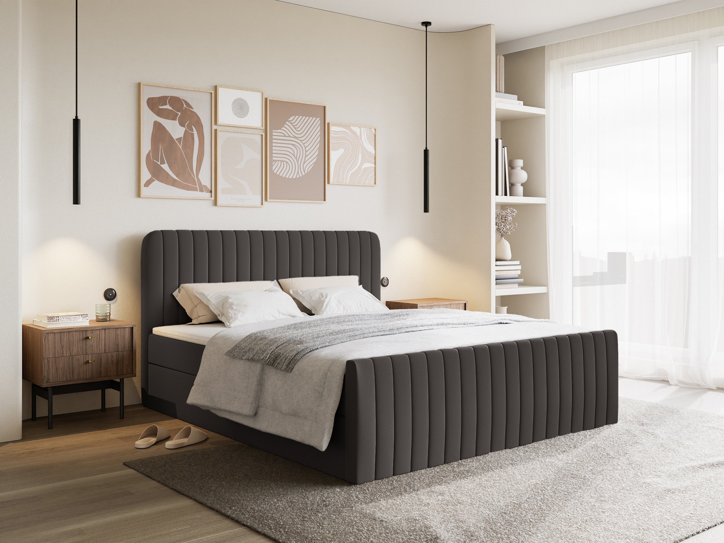 Kontinentales Bett 180x200 cm Saliano mit Stauraum und Topper, grafitfarbenes Chenille, wasserabweisend