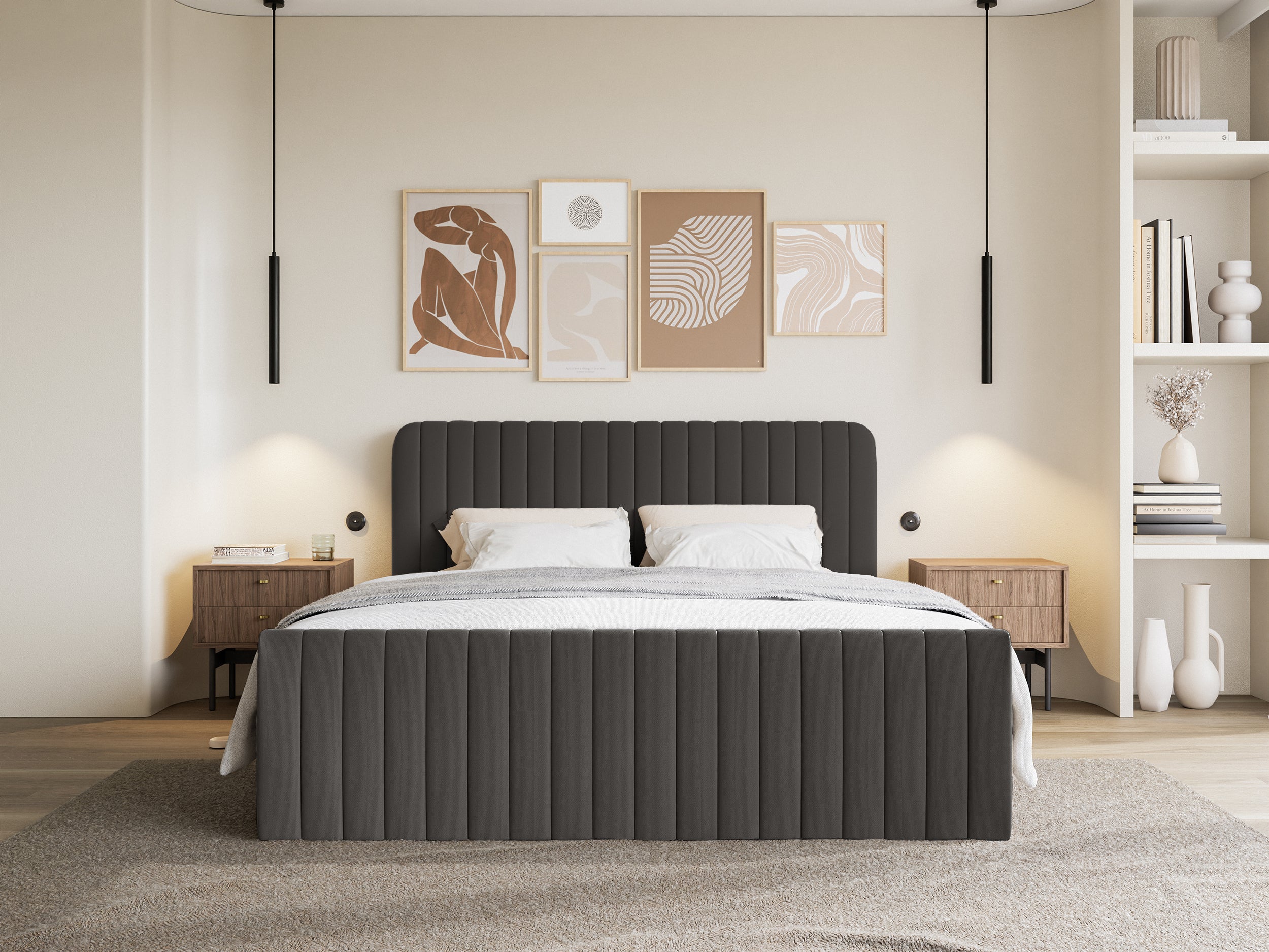 Kontinentales Bett 180x200 cm Saliano mit Stauraum und Topper, grafitfarbenes Chenille, wasserabweisend