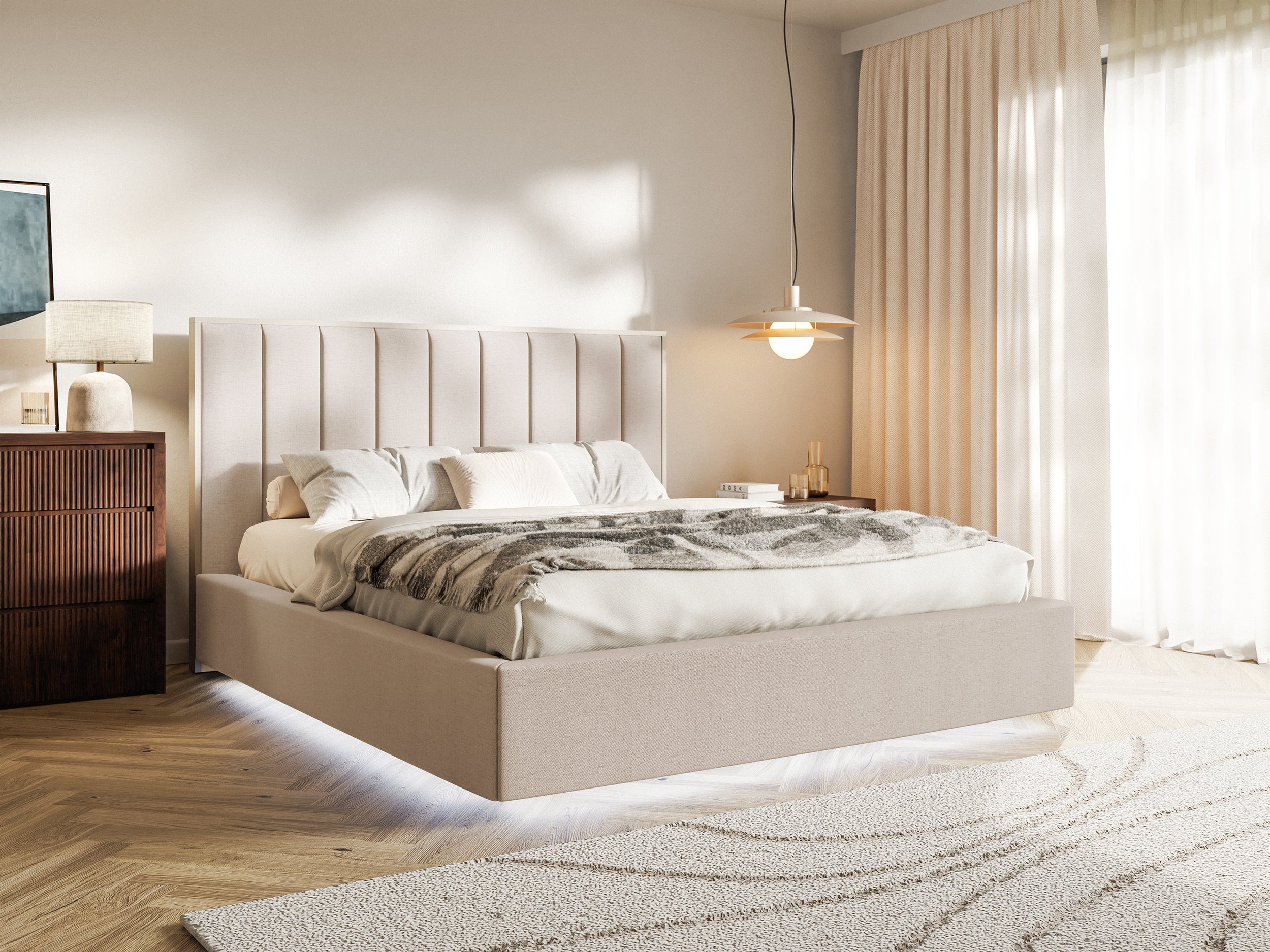 Polsterbett 160x200 cm Togents mit LED-Beleuchtung, beige, hydrophobes Chenille