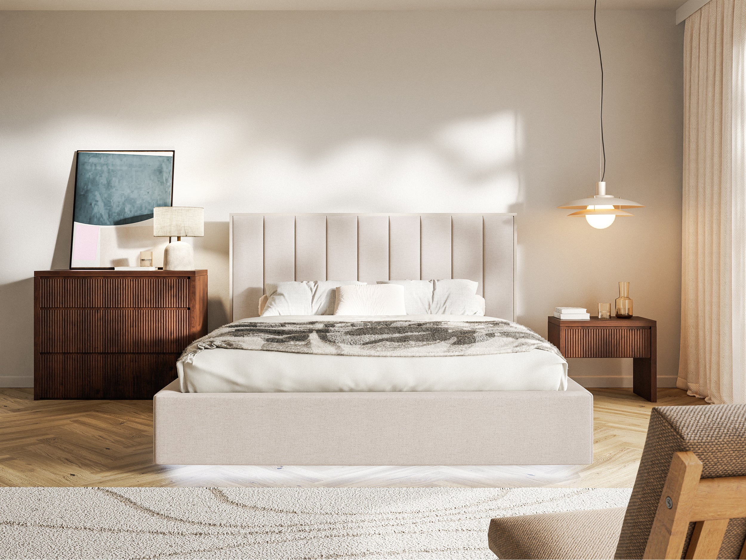 Polsterbett 160x200 cm Togents mit LED-Beleuchtung, beige, hydrophobes Chenille