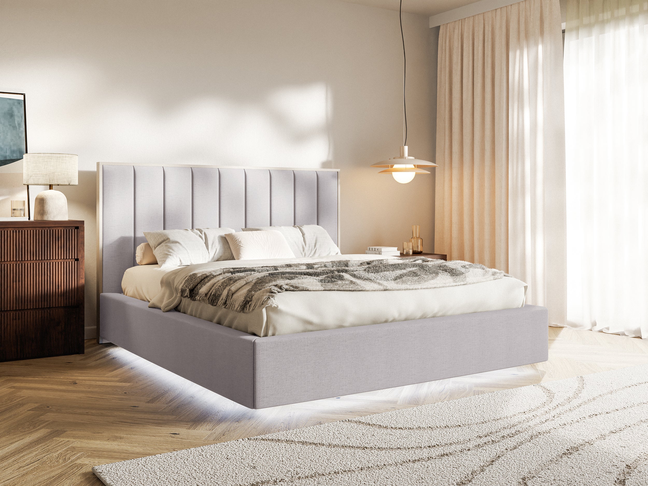 Polsterbett 180x200 cm Togents mit LED-Beleuchtung, grauer hydrophober Chenillestoff