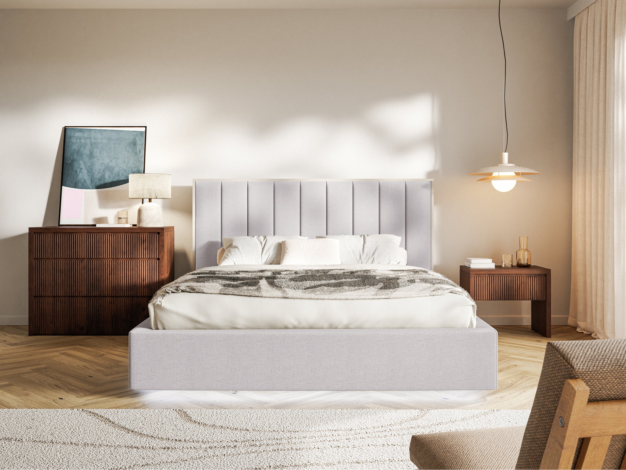 Polsterbett 180x200 cm Togents mit LED-Beleuchtung, grauer hydrophober Chenillestoff