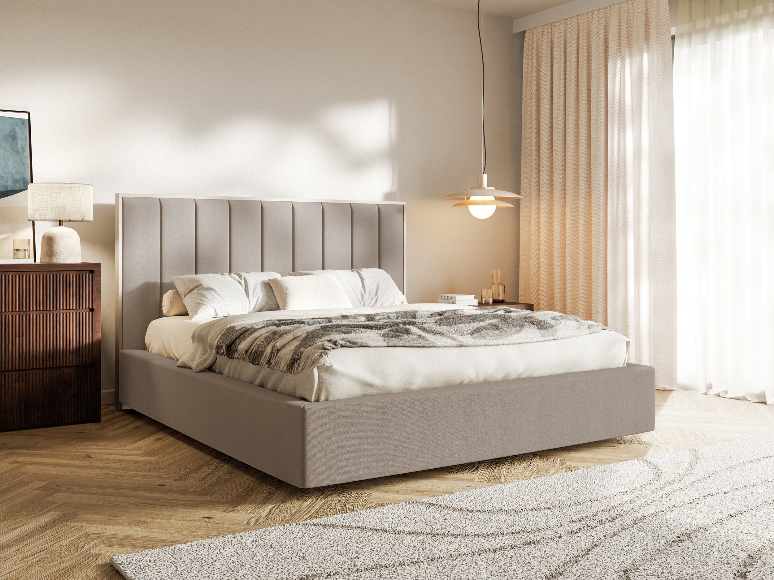 Polsterbett 140x200 cm Togents mit Stauraum, Metallrahmen, brauner hydrophober Chenillestoff