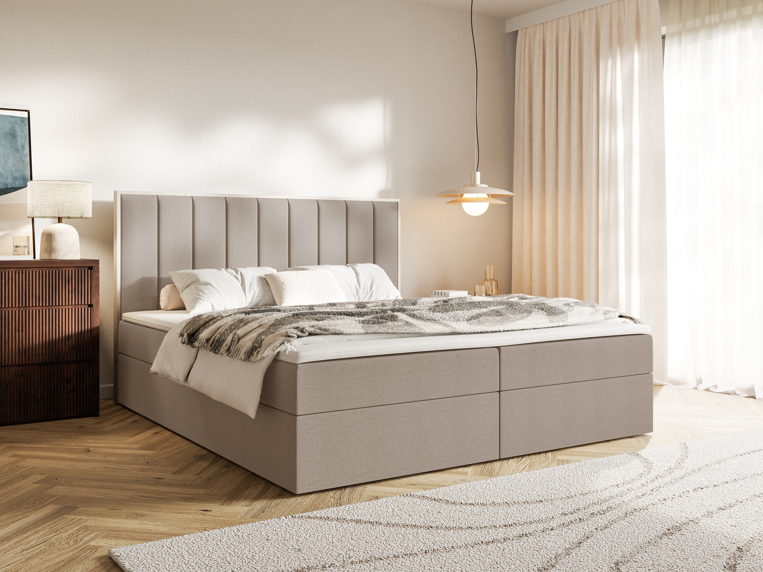 Kontinentales Bett 140x200 cm Togents mit Stauraum und Topper, brauner hydrophober Chenille-Stoff