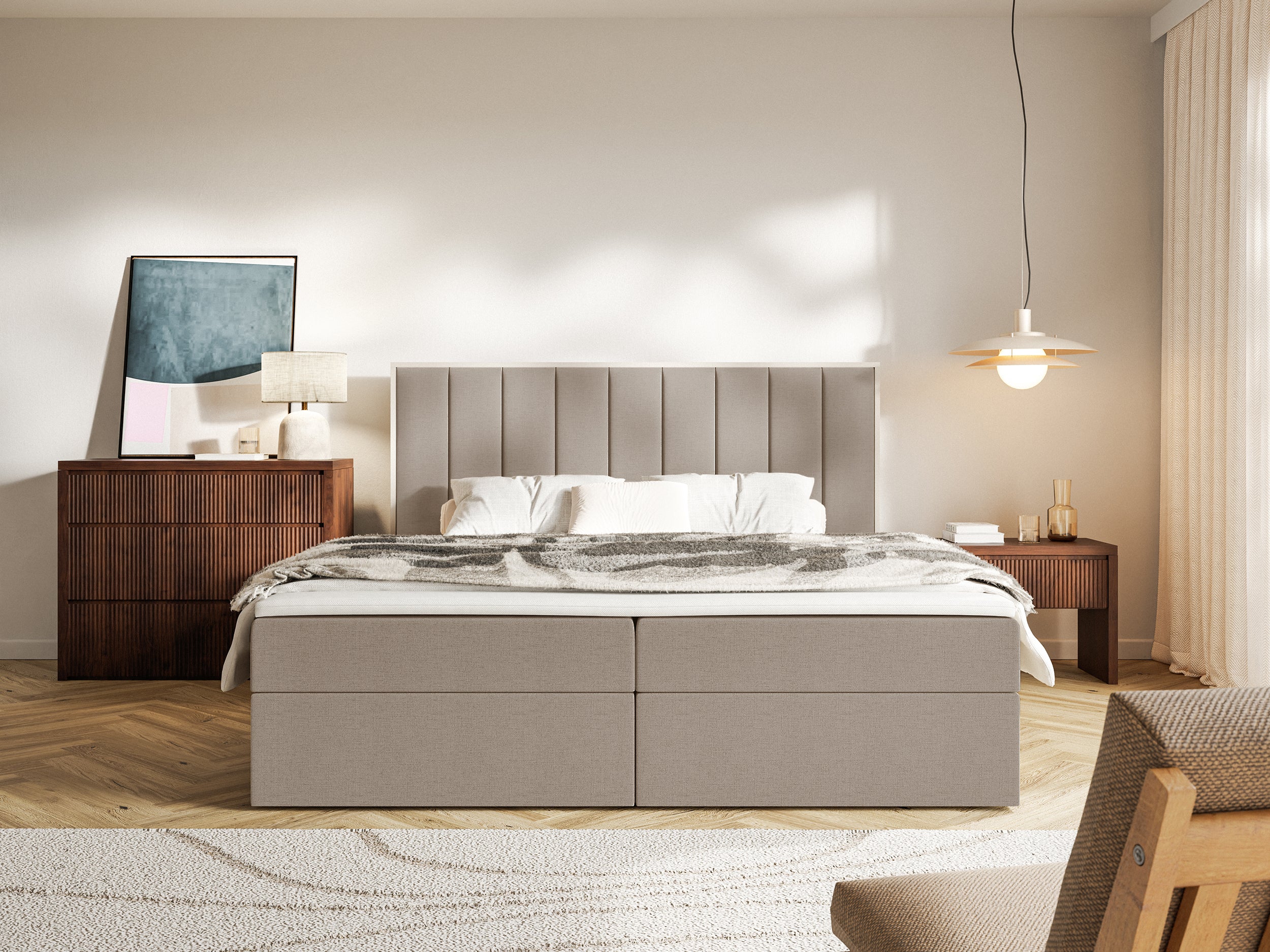 Kontinentales Bett 140x200 cm Togents mit Stauraum und Topper, brauner hydrophober Chenille-Stoff
