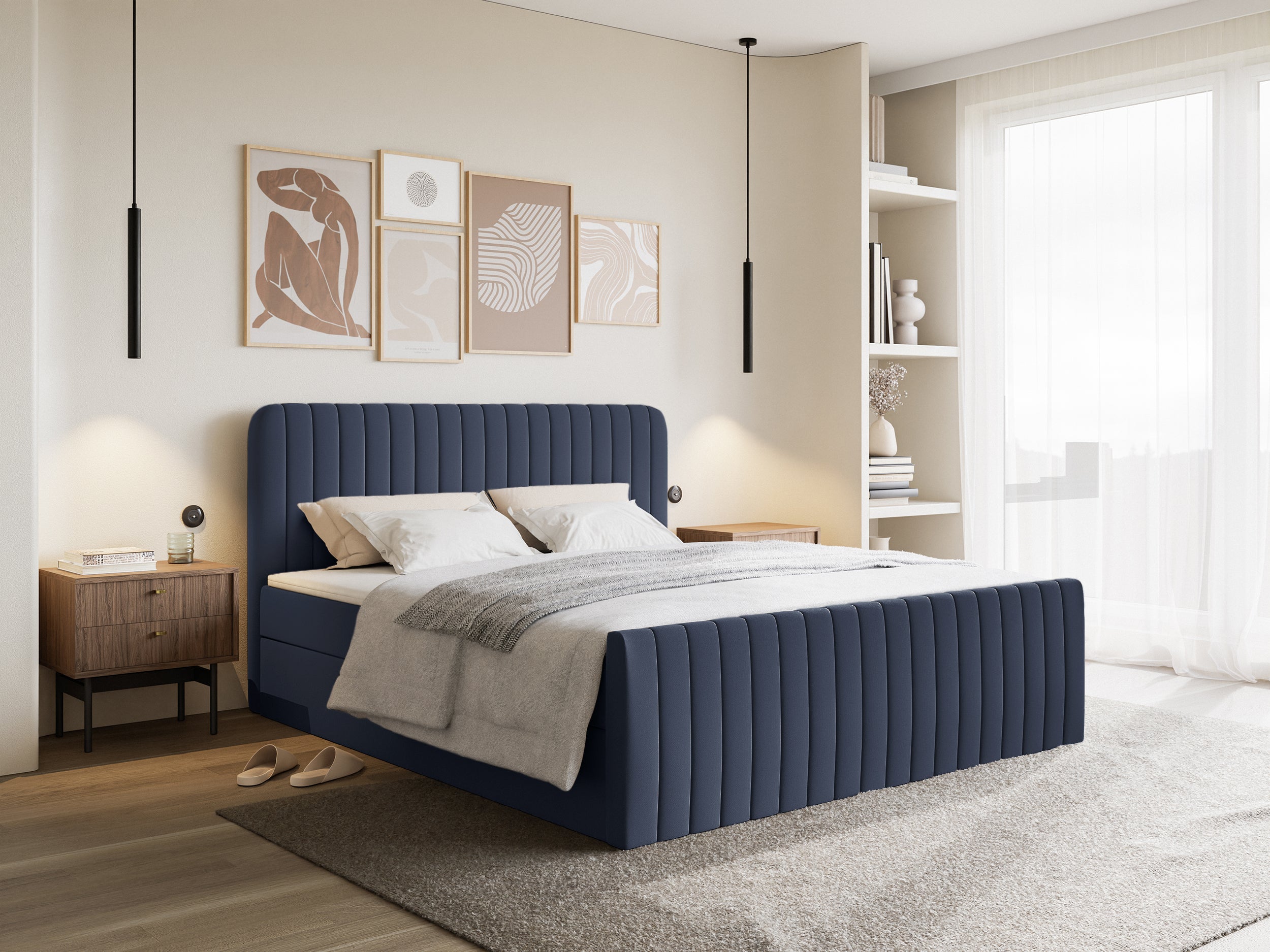 Kontinentales Bett 180x200 cm Saliano mit Stauraum und Topper, marineblauer hydrophober Chenille-Stoff