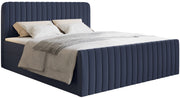 Kontinentales Bett 180x200 cm Saliano mit Stauraum und Topper, marineblauer hydrophober Chenille-Stoff