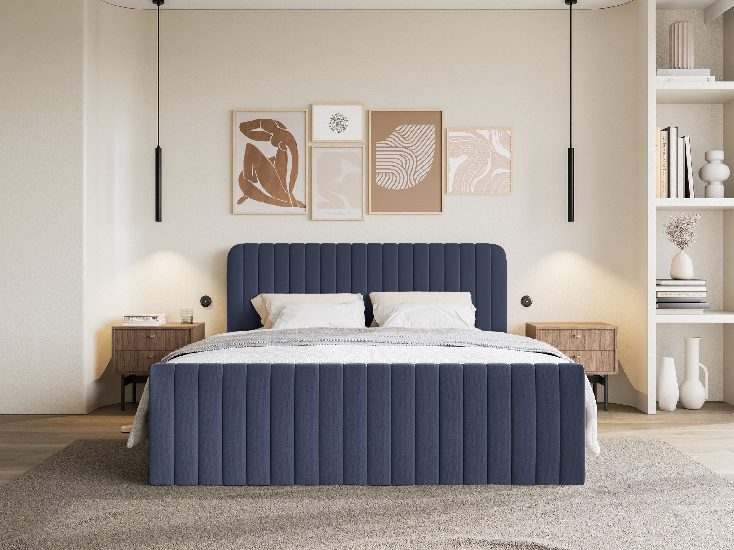 Kontinentales Bett 180x200 cm Saliano mit Stauraum und Topper, marineblauer hydrophober Chenille-Stoff
