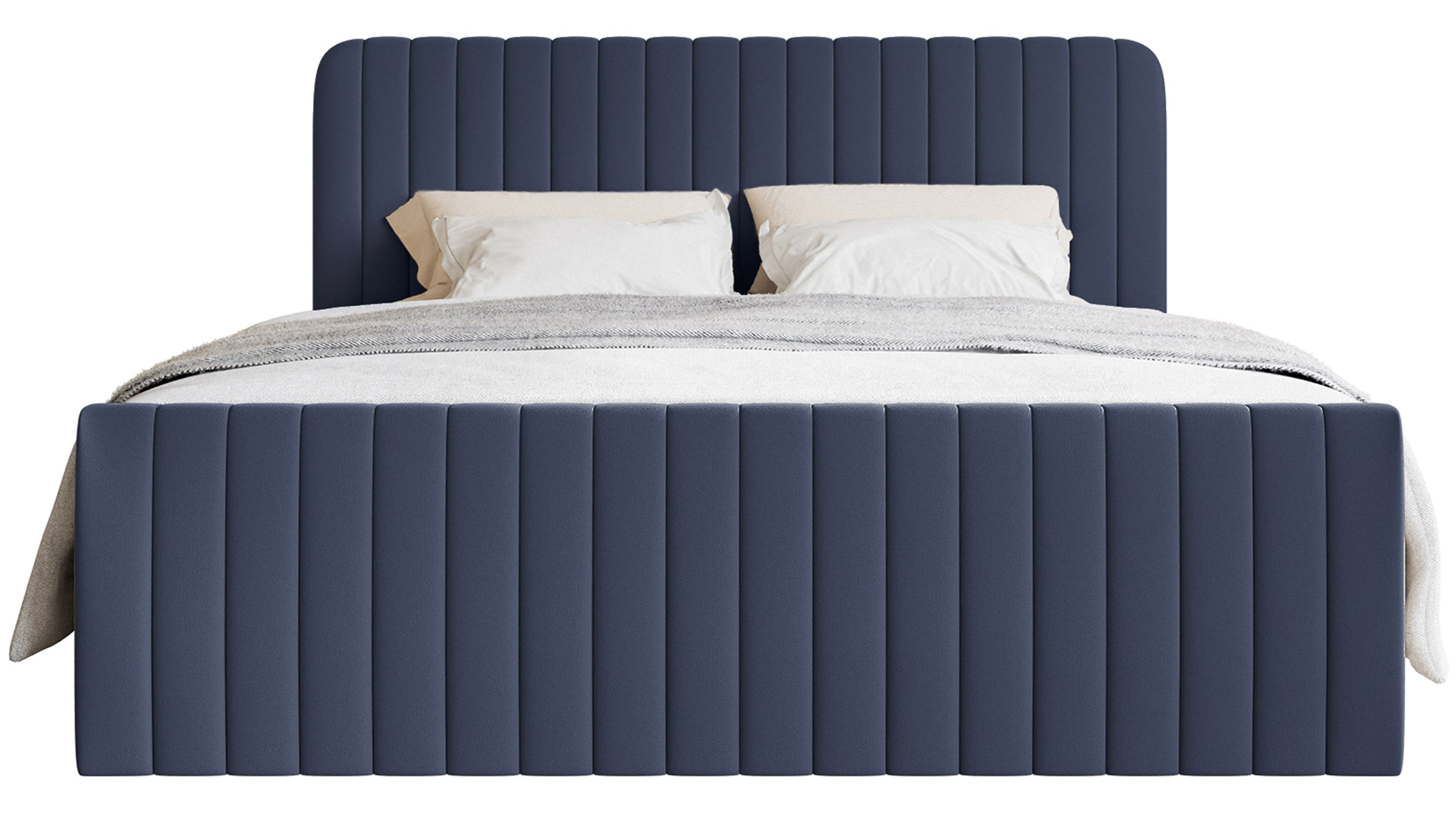 Kontinentales Bett 180x200 cm Saliano mit Stauraum und Topper, marineblauer hydrophober Chenille-Stoff
