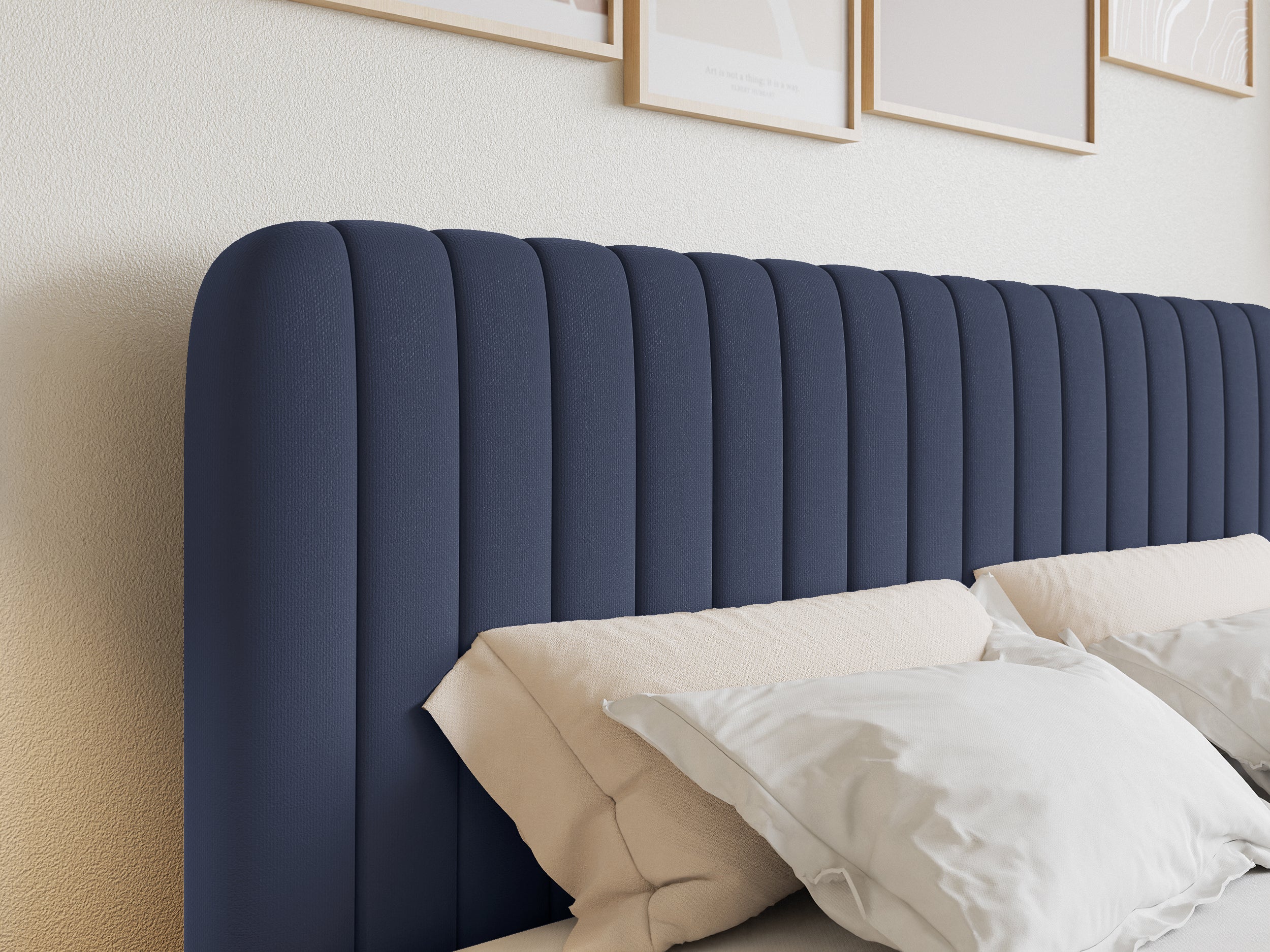 Kontinentales Bett 180x200 cm Saliano mit Stauraum und Topper, marineblauer hydrophober Chenille-Stoff