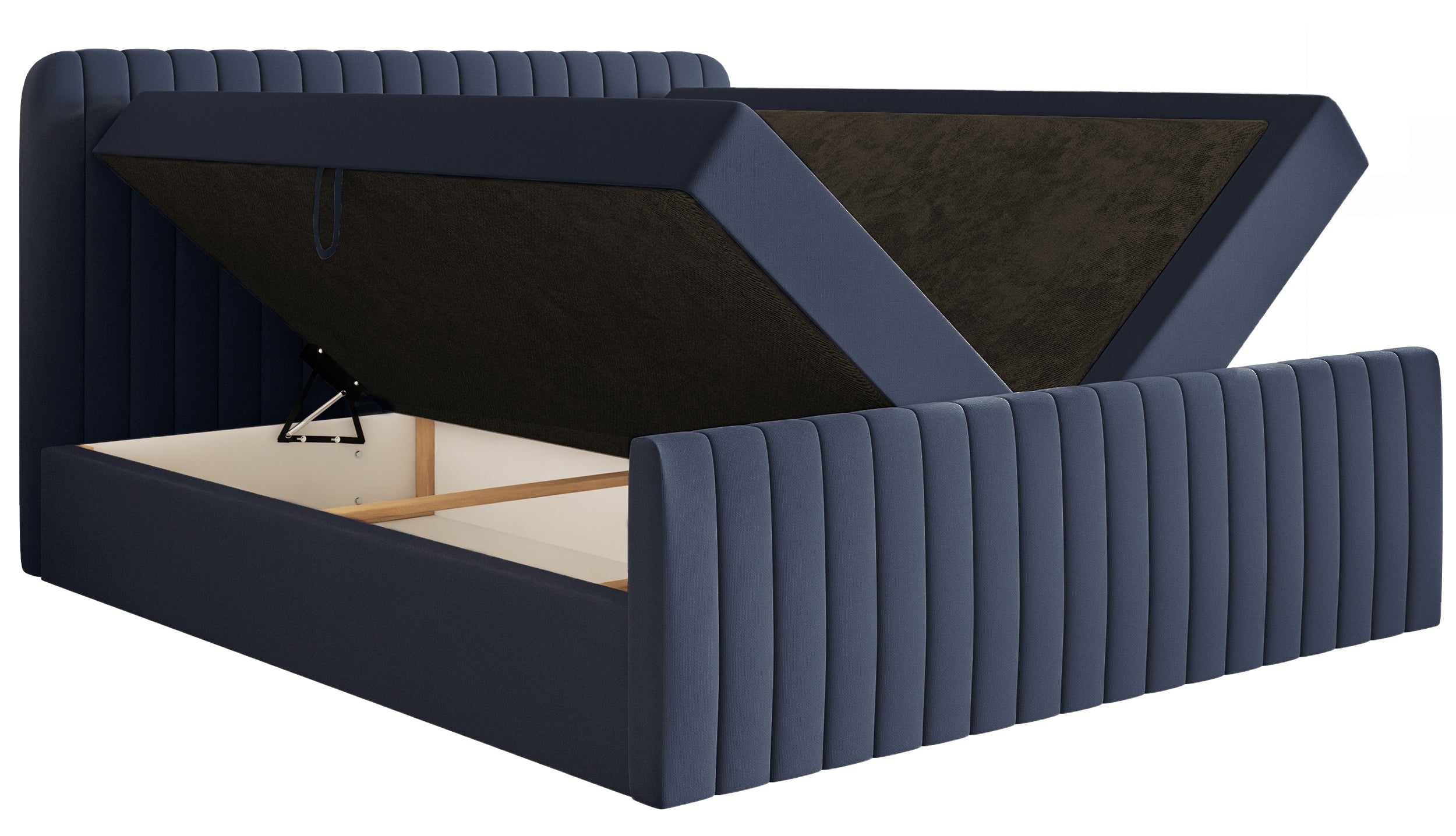 Kontinentales Bett 180x200 cm Saliano mit Stauraum und Topper, marineblauer hydrophober Chenille-Stoff