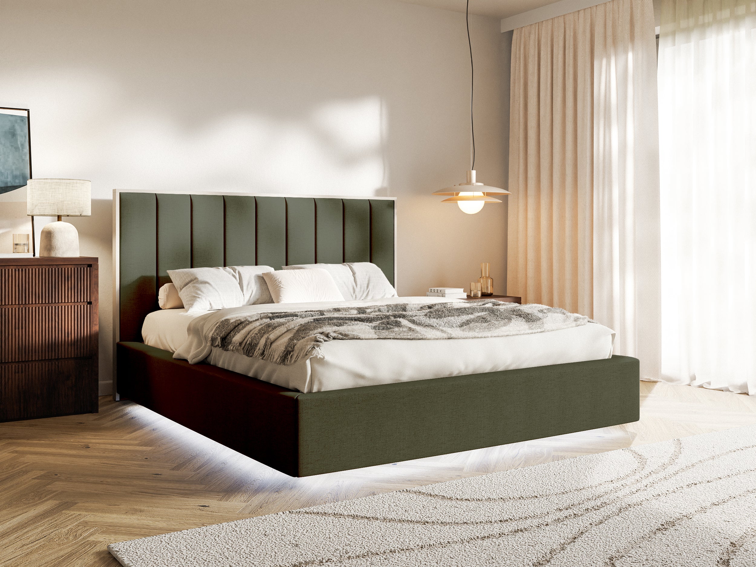 Polsterbett 180x200 cm Togents mit LED-Beleuchtung, dunkelgrüner hydrophober Chenille-Stoff