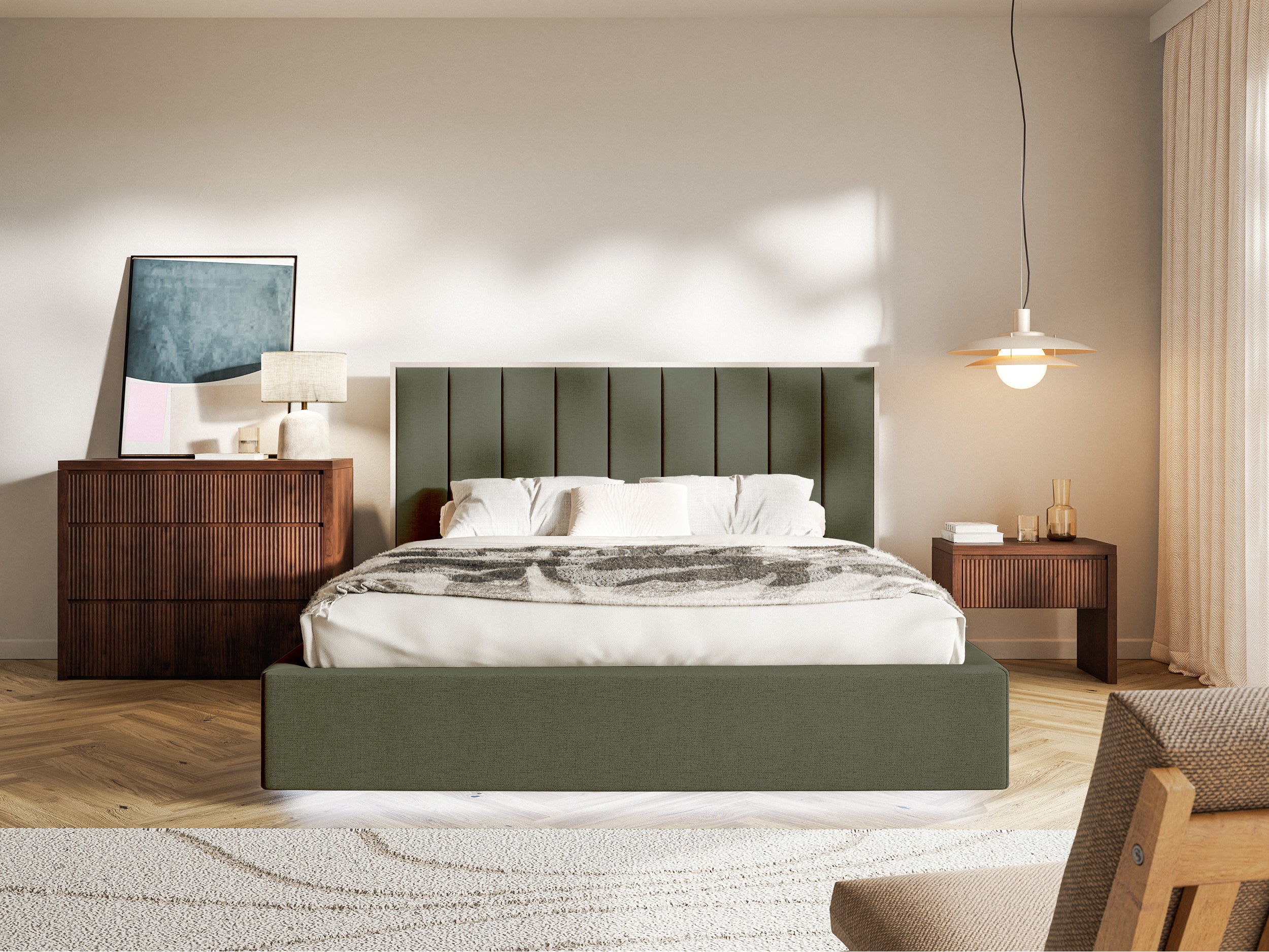 Polsterbett 140x200 cm Togents mit LED-Beleuchtung, dunkelgrüner hydrofober Chenillestoff