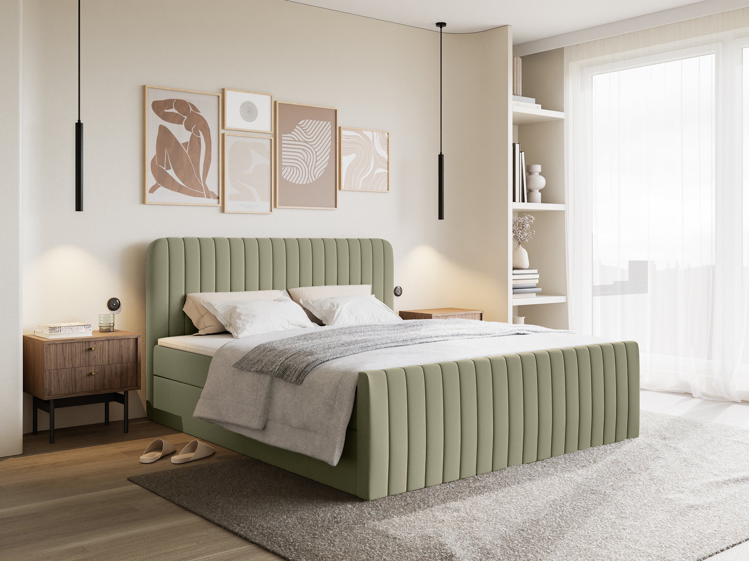 Kontinentales Bett 200x200 cm Saliano mit Stauraum und Topper, olivfarbenes hydrophobes Chenille