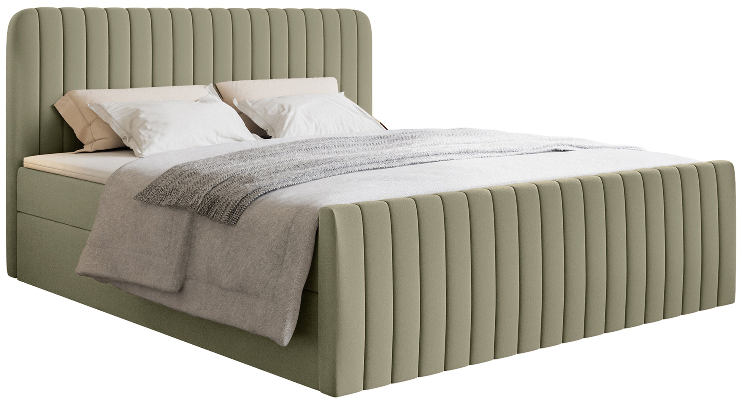 Kontinentales Bett 200x200 cm Saliano mit Stauraum und Topper, olivfarbenes hydrophobes Chenille