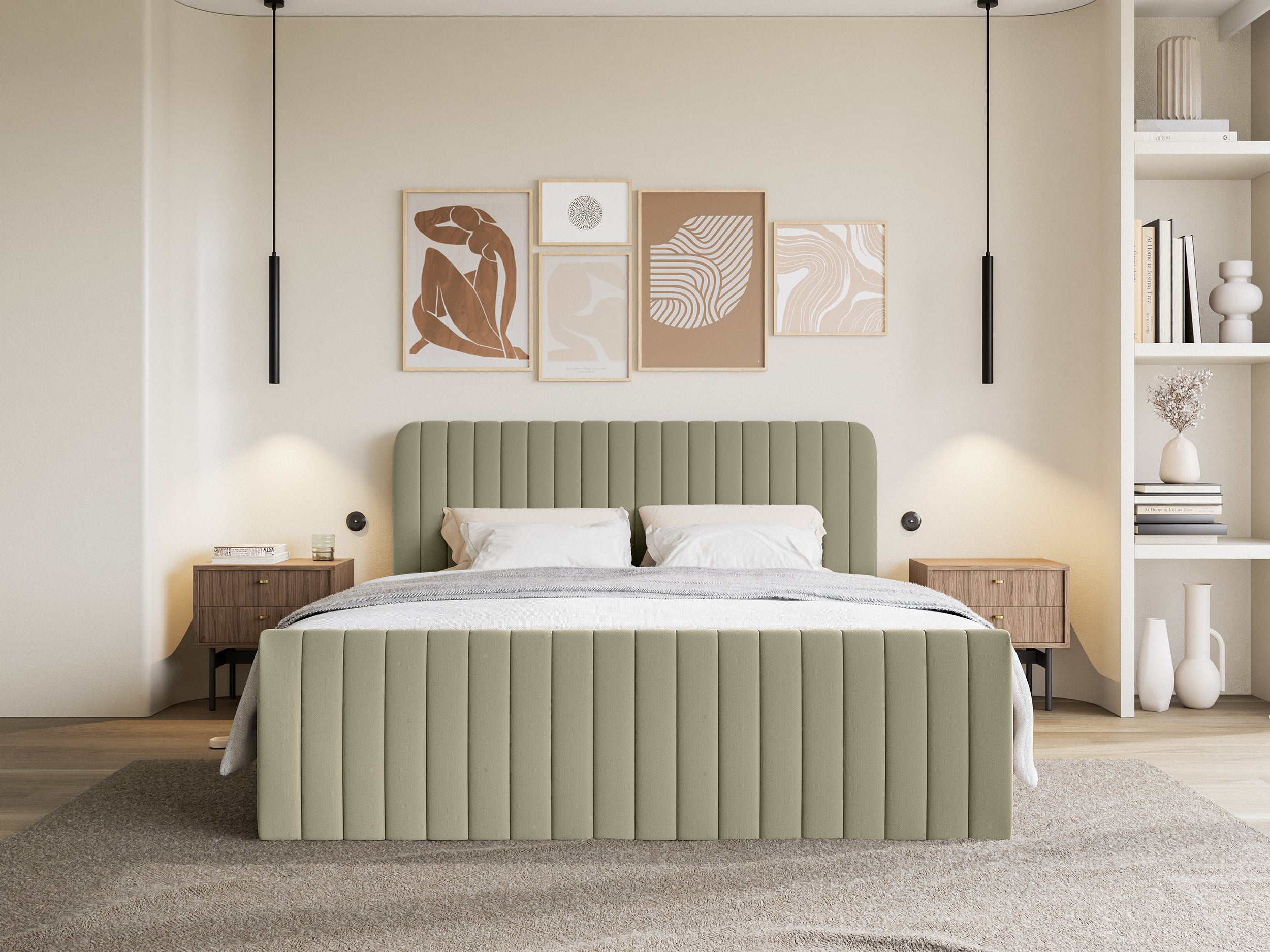 Kontinentales Bett 200x200 cm Saliano mit Stauraum und Topper, olivfarbenes hydrophobes Chenille